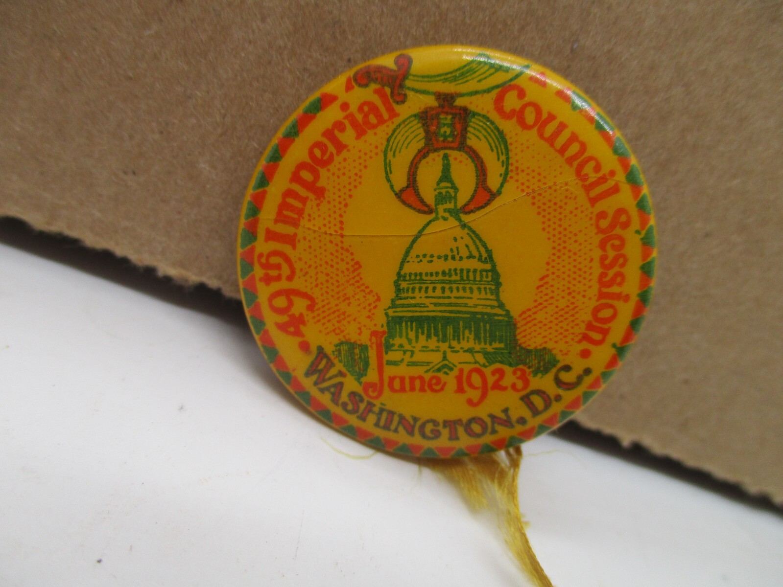 Original 1923 Imperial Council Session Mason Washington Pinback Masonic Scimitar