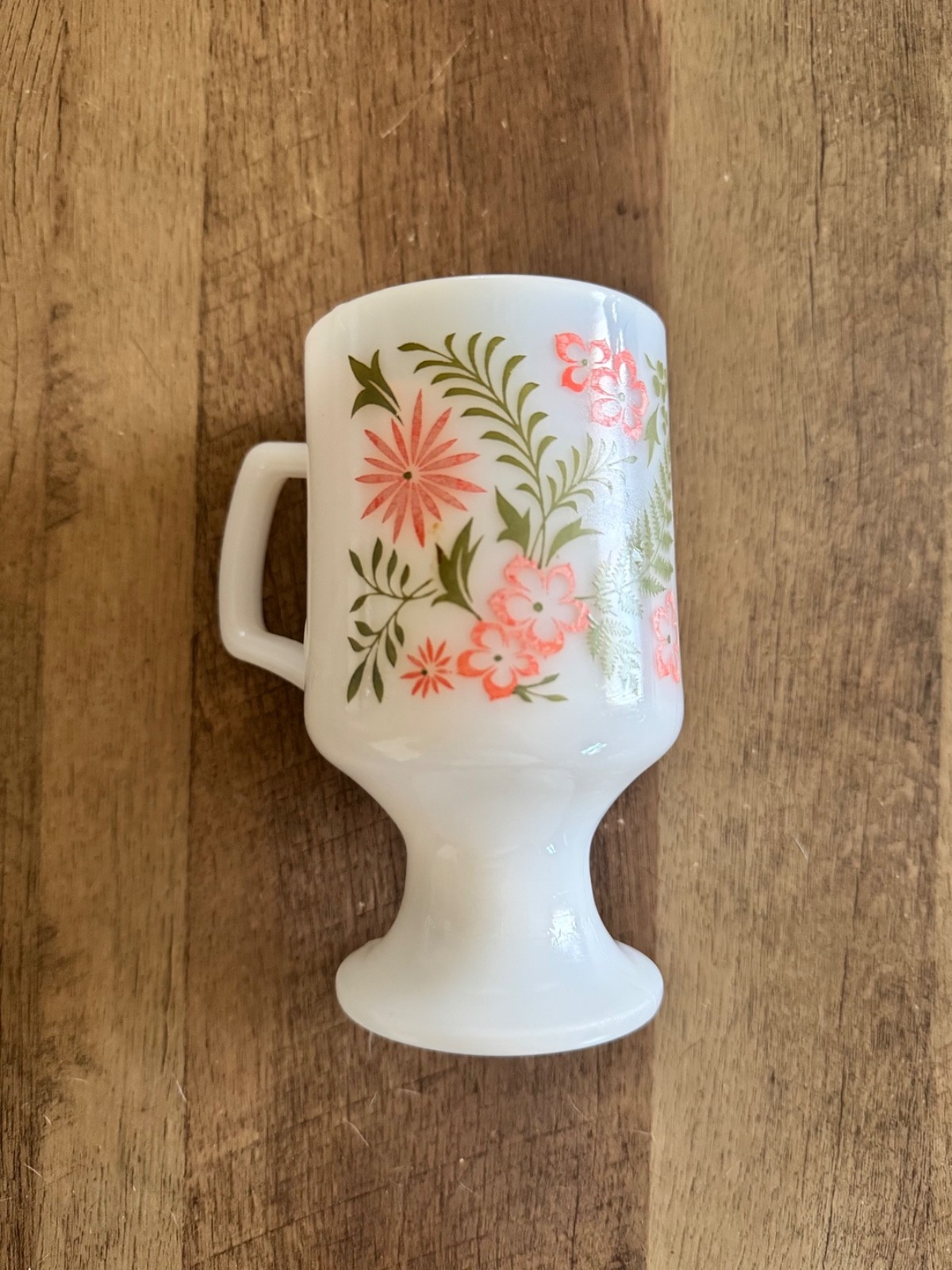 Vintage 60s Milk Glass Pedestal Mug with Pink Floral Design Retro Flowers