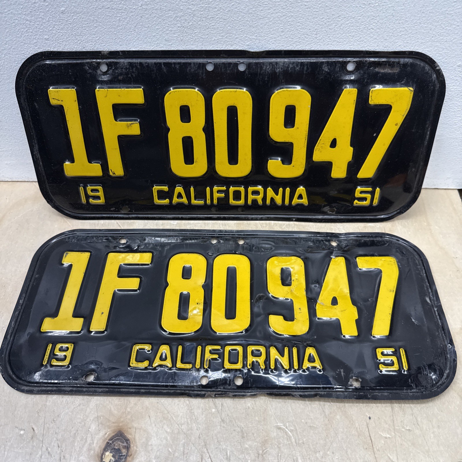 Original 1951 YOM California License Plate Set Pair 1F80947 Not Checked W/DMV
