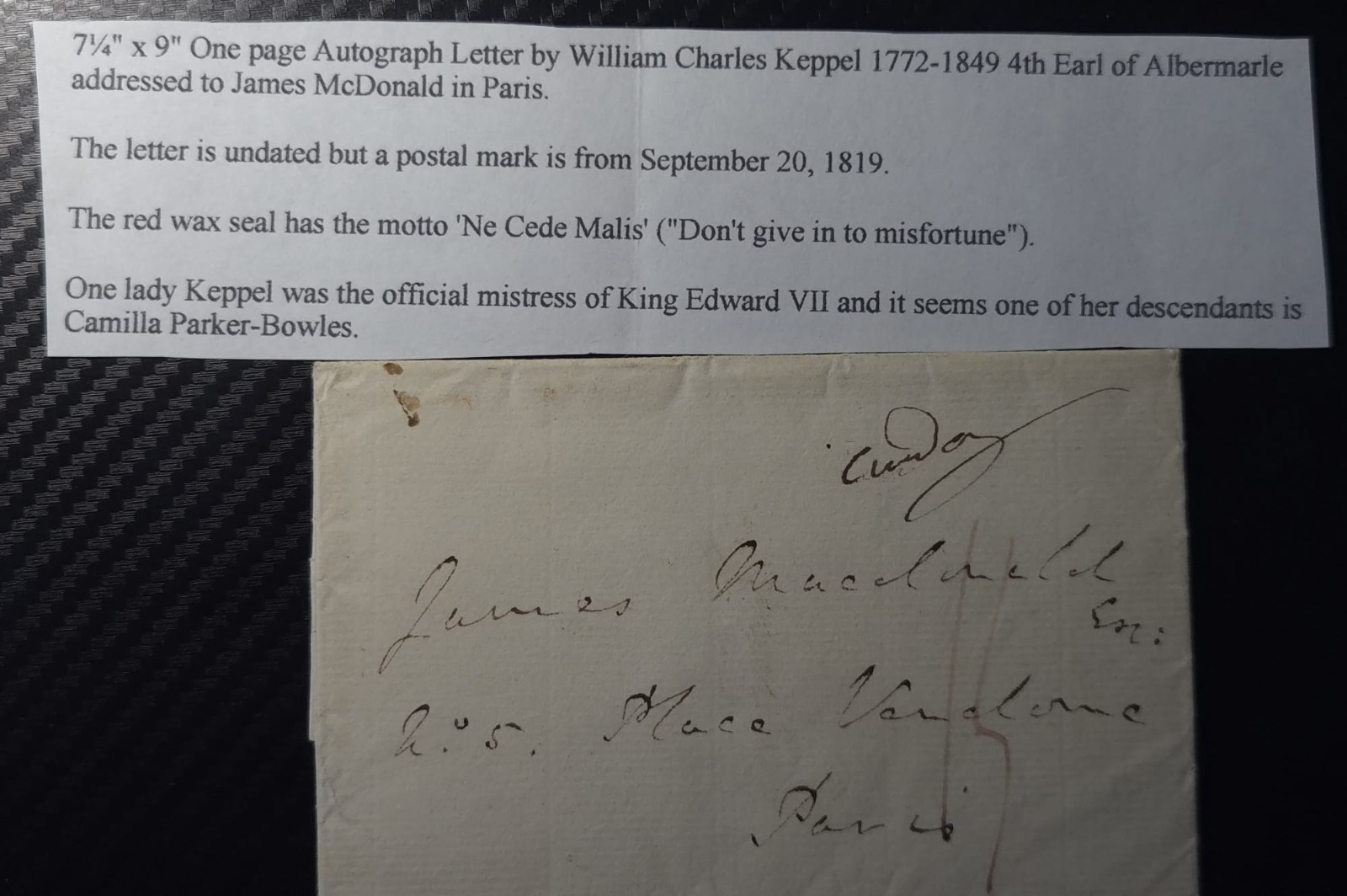 1819 William Charles Keppel 4th Earl of Albemarle Autograph Heraldic Wax Seal