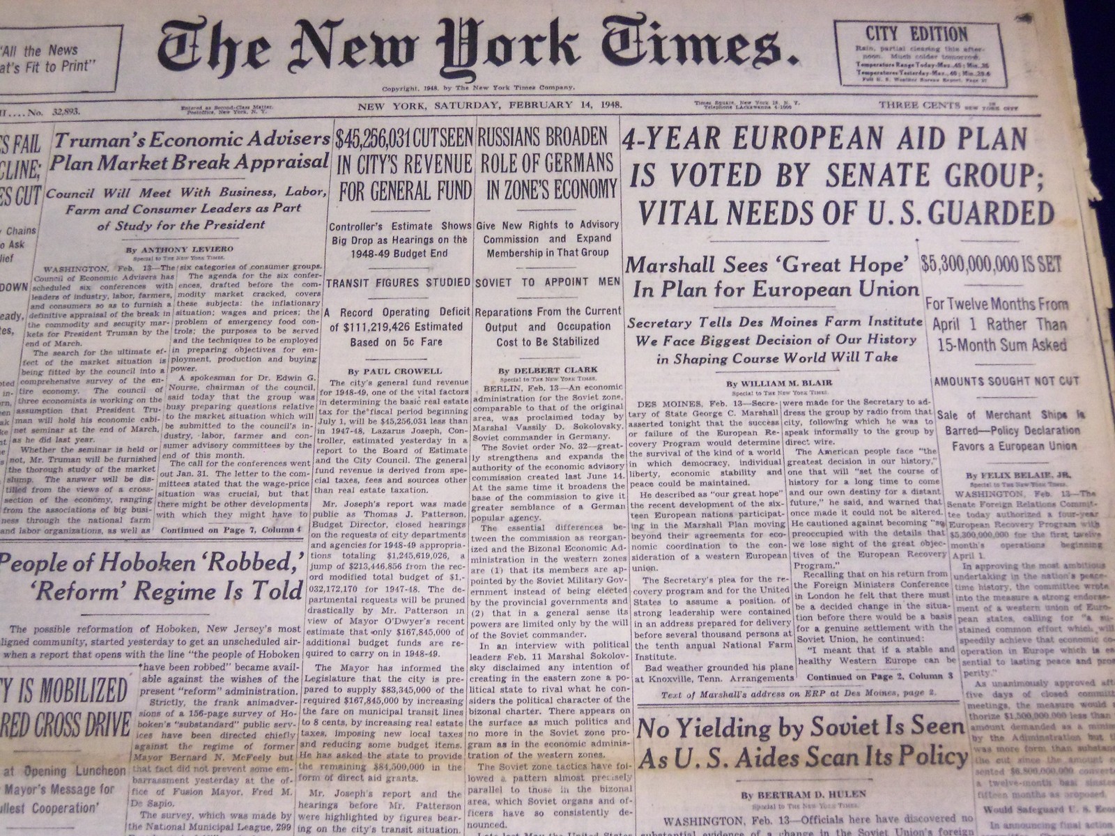 1948 FEBRUARY 24 NEW YORK TIMES - 4 YEAR AID PLAN VOTED - NT 3740