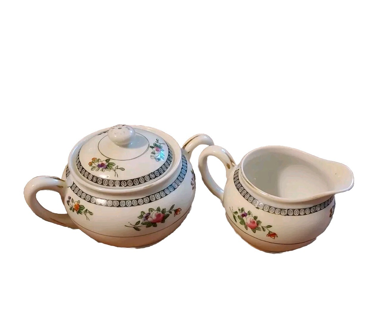Vintage Handpainted Japan Nippon Covered Sugar and Creamer Set Roses & Floral 