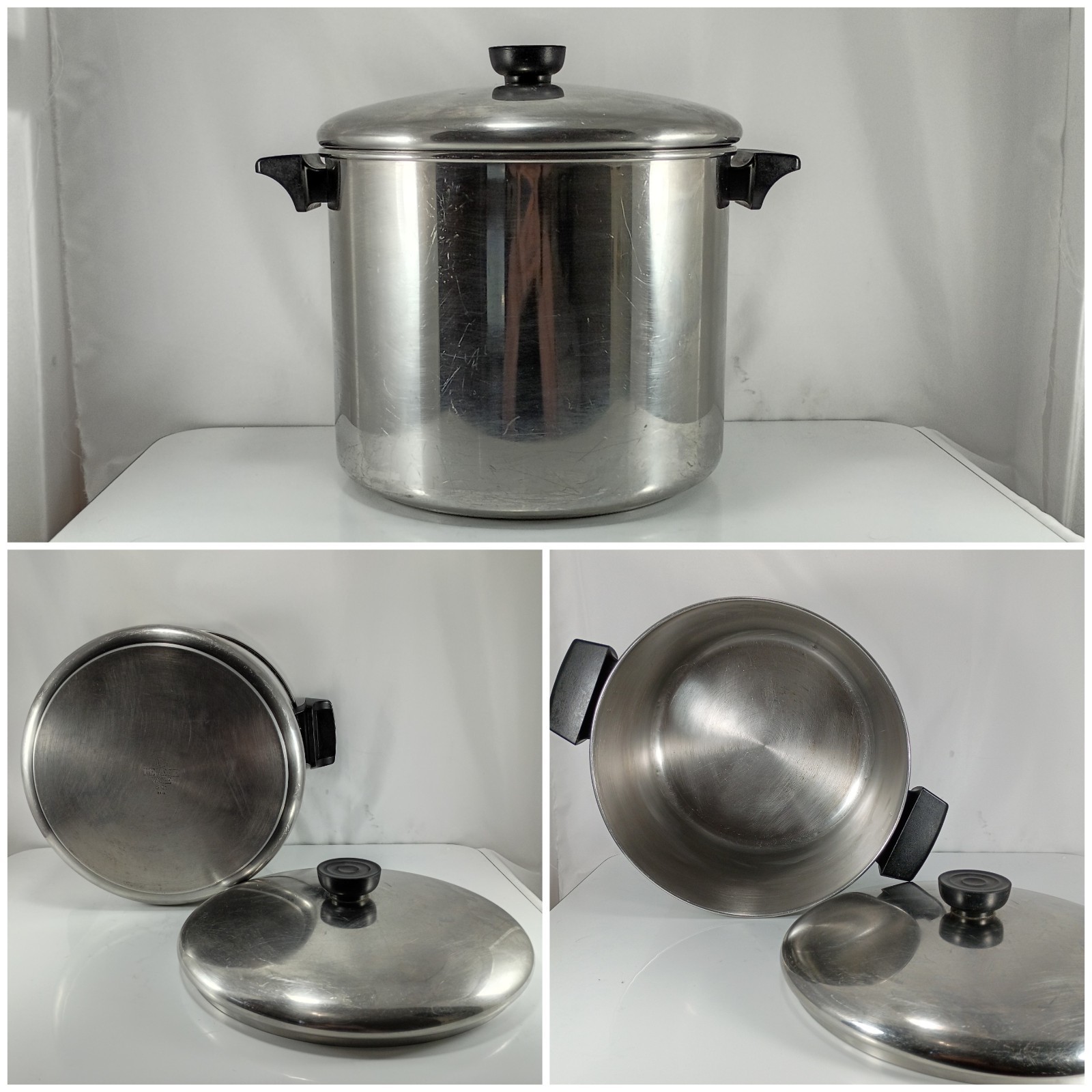 REVERE WARE 8 Qt Stock Pot & Lid TRI PLY Disk Bottom USA Vtg Clean