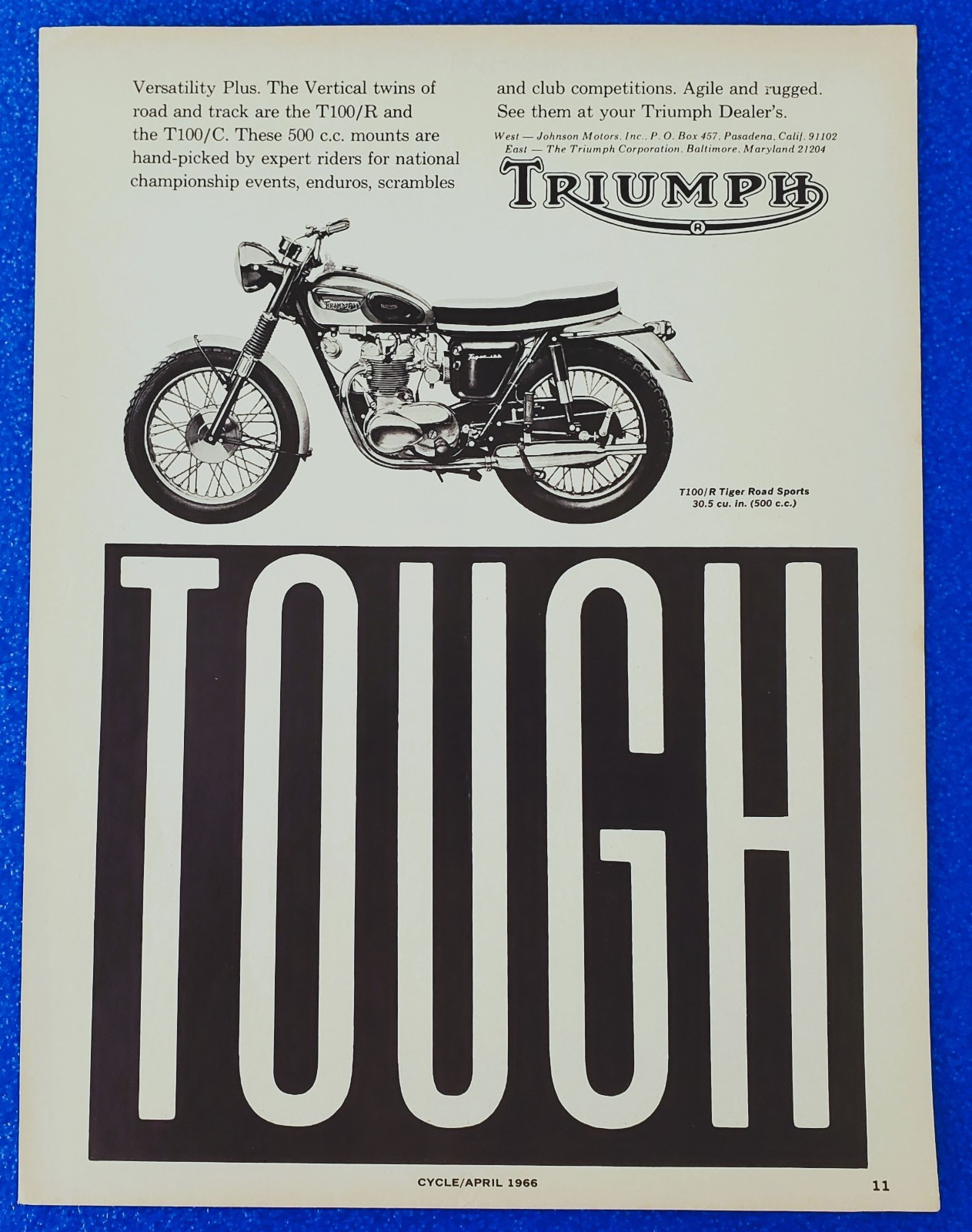 1966 Triumph Tiger 500 Ad TOUGH Meriden Scrambler Biker Cave Office Decor Art