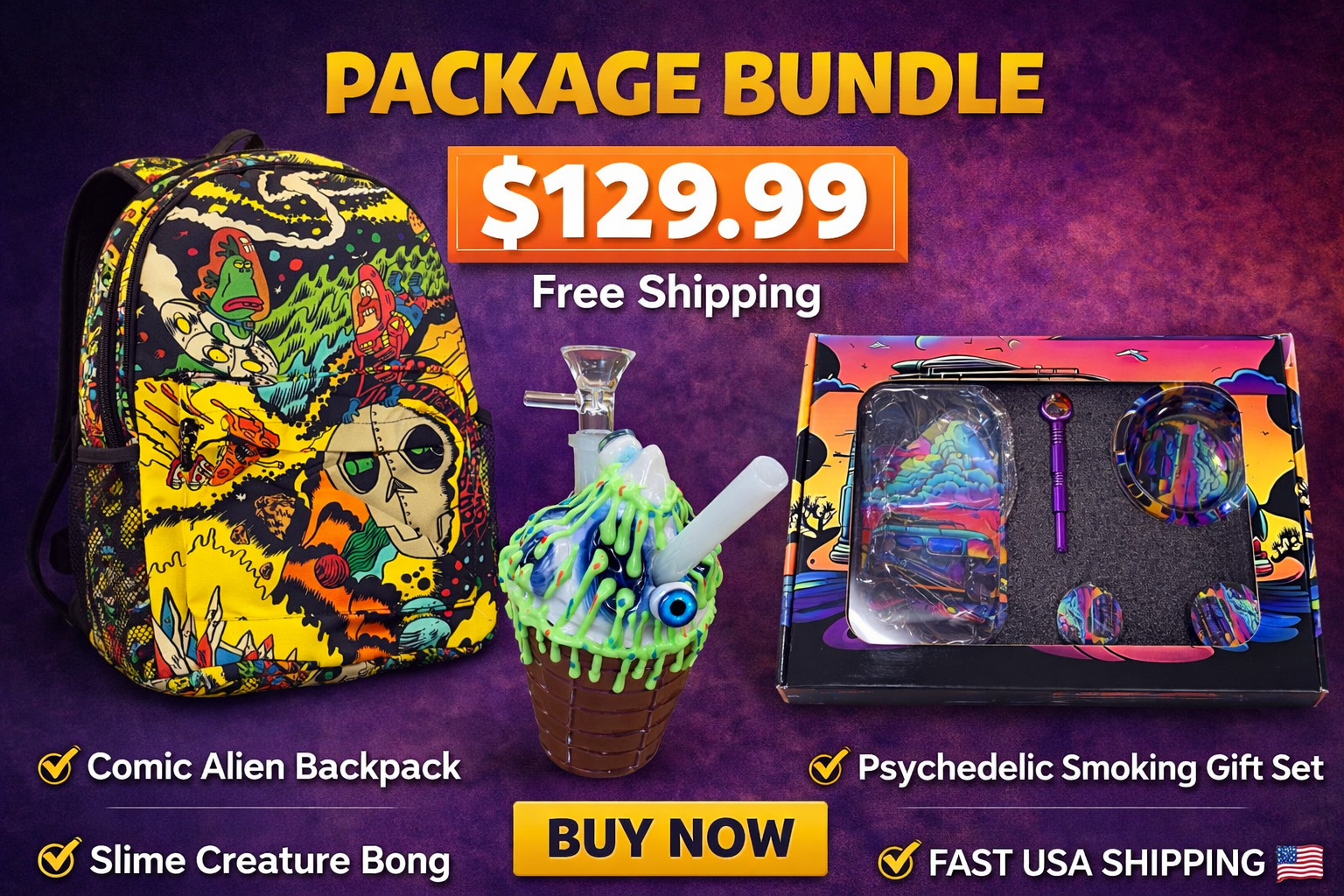 Alien Bong Backpack Bundle Smoking Gift Set Grinder Tray Pipe Ashtray