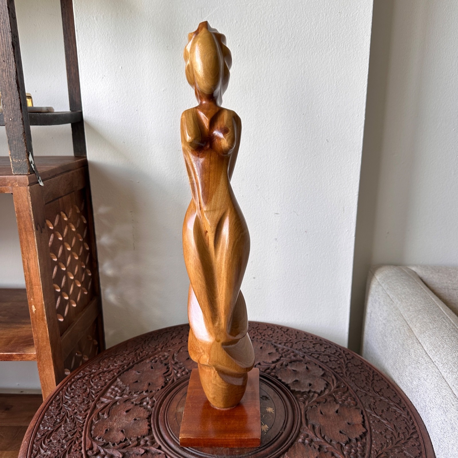 Vintage Modernist Hand Carved Wood Female Sculpture Abstract Woman Figurine 22\