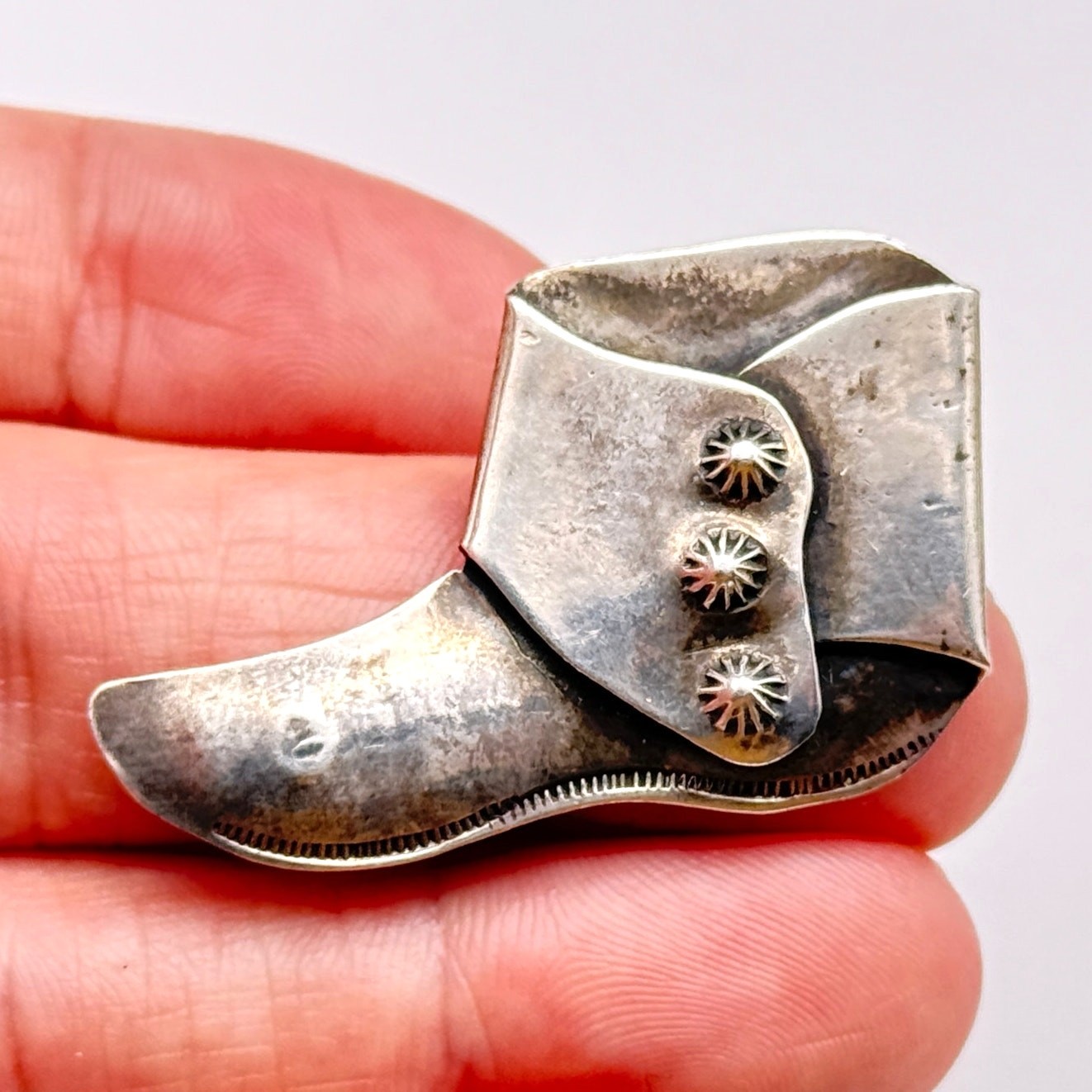 Vintage Southwest Arts and Crafts Cowboy Boot Stampwork Slug Silver Pin Brooch