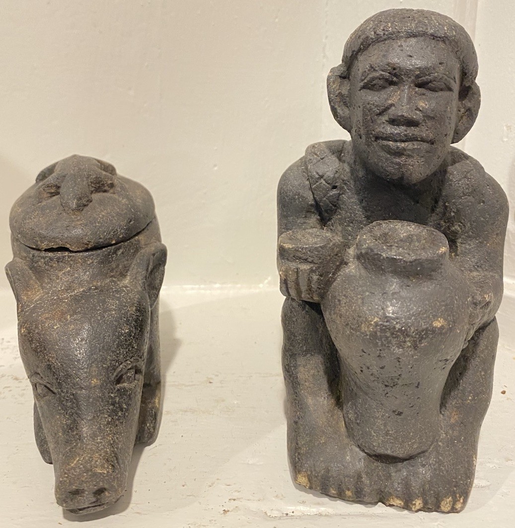 Vintage Philippine Igorot Folk Art Composite Figures Pig Box & Man Sculpture