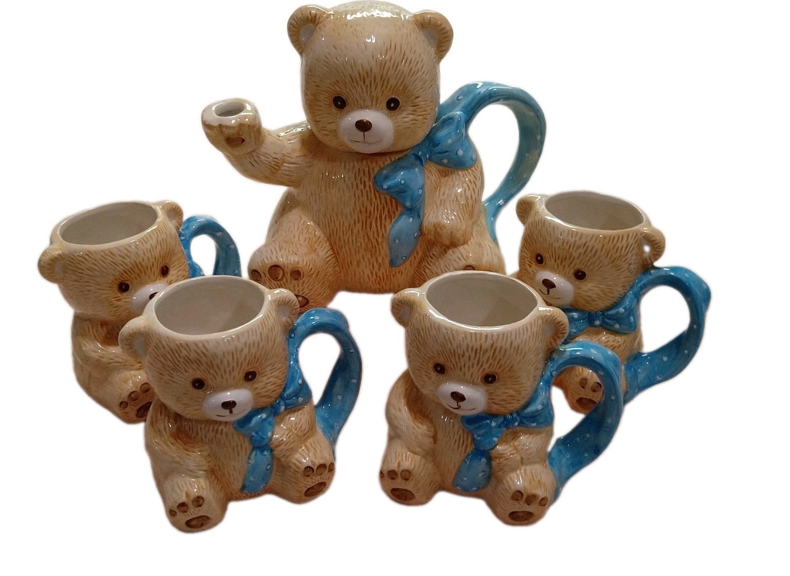 Vintage Tienshan Theodore Country Bear Ceramic 5pc Set Teapot & 4 Figural Mugs
