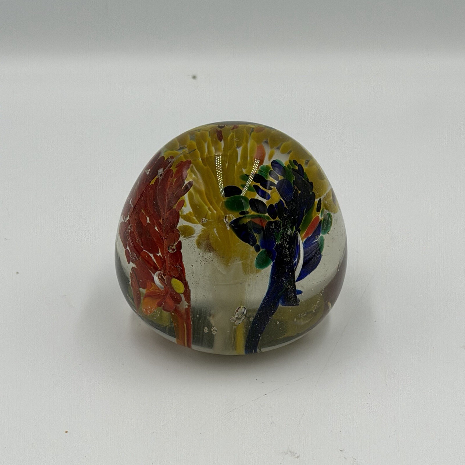 Vintage Art Glass Paperweight Color Bursts Red Yellow and Blue 2.5