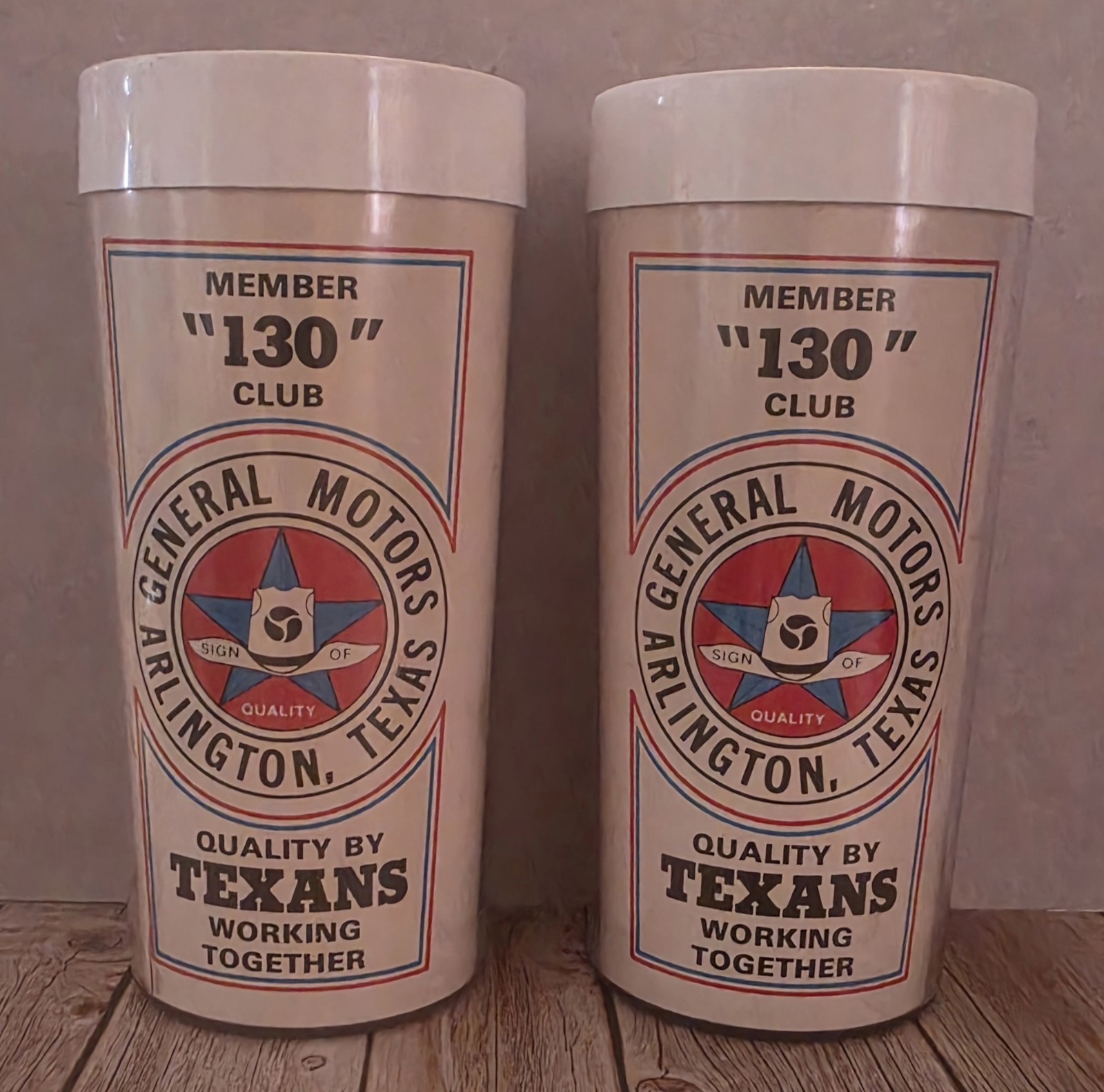 Vtg GM General Motors Arlington Texas 130 Club Thermo Serv Plastic Tumblers Pair