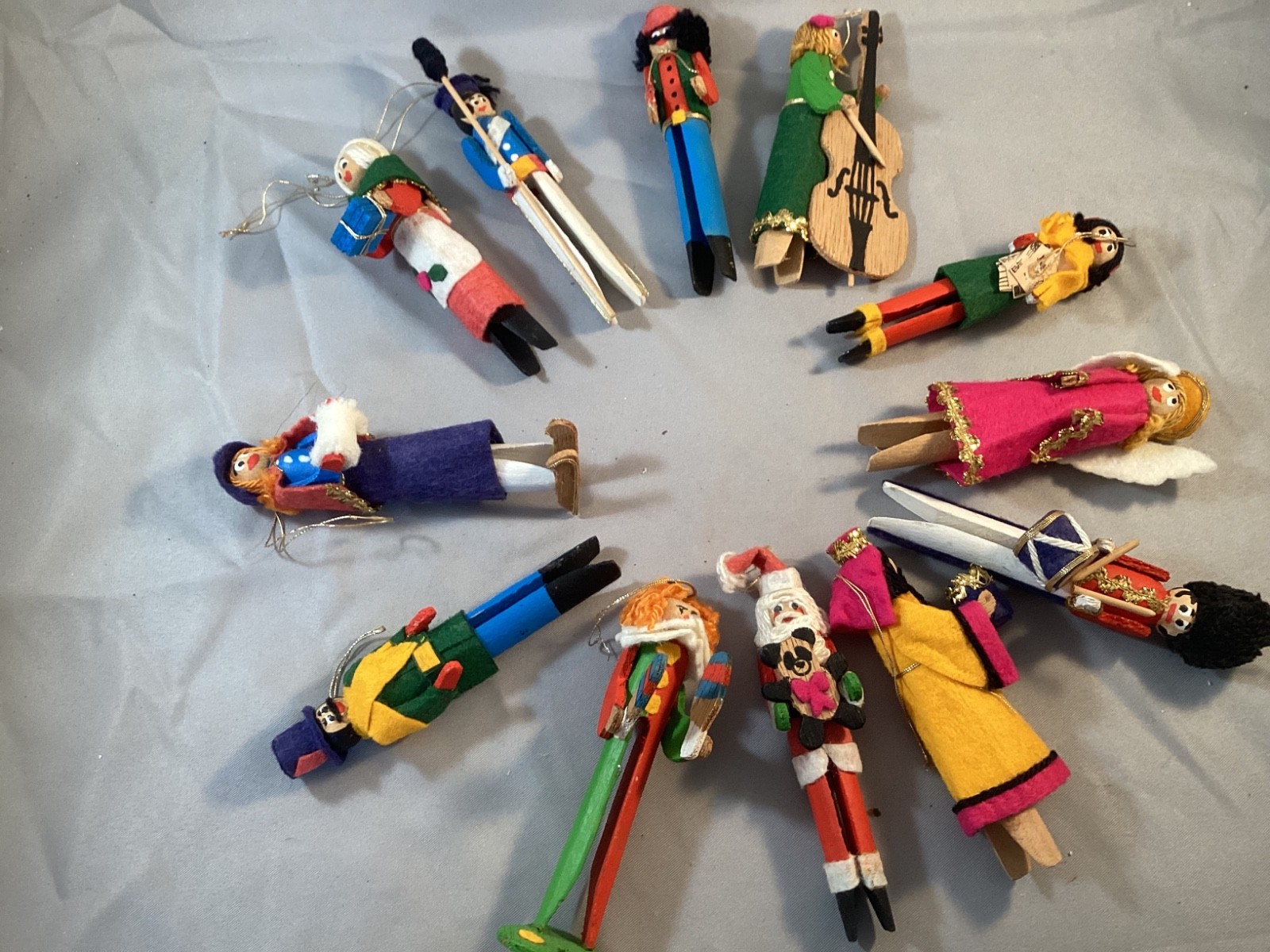 Vintage Set of 12 Clothespin Ornaments - Each One Unique - RARE