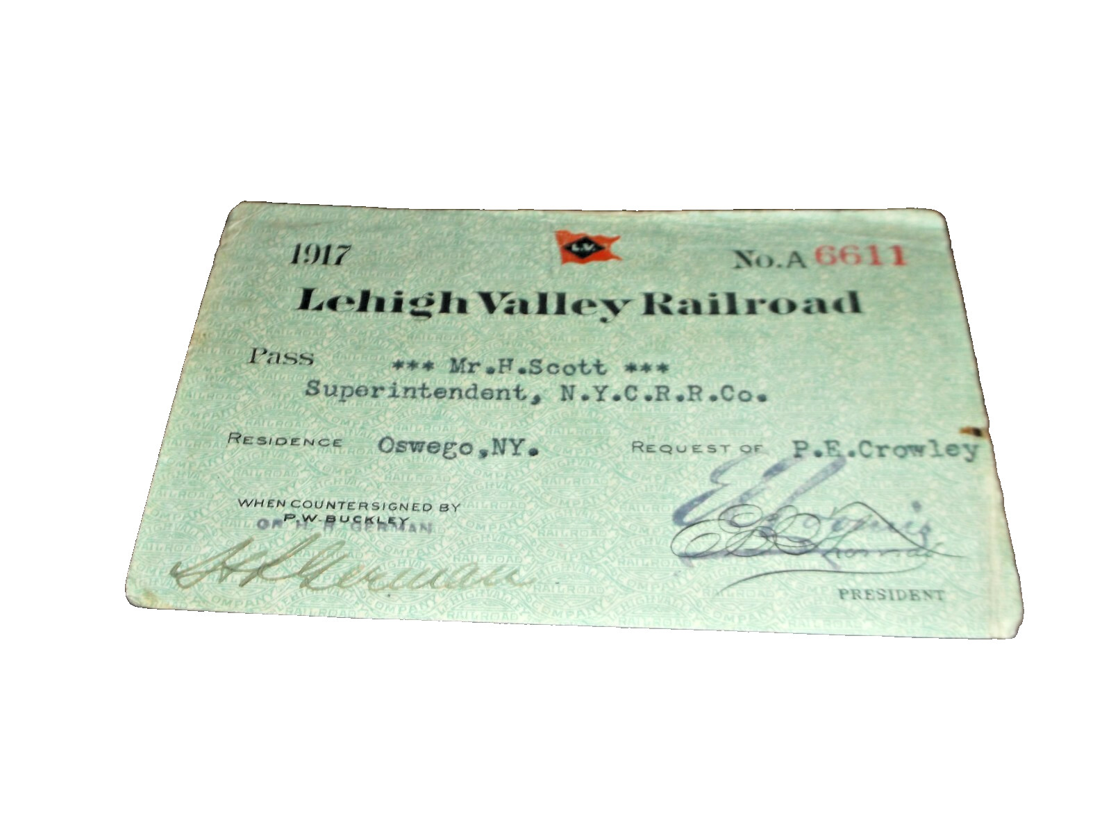 1917 LEHIGH VALLEY RAIL ROAD EMPLOYEE PASS #6611