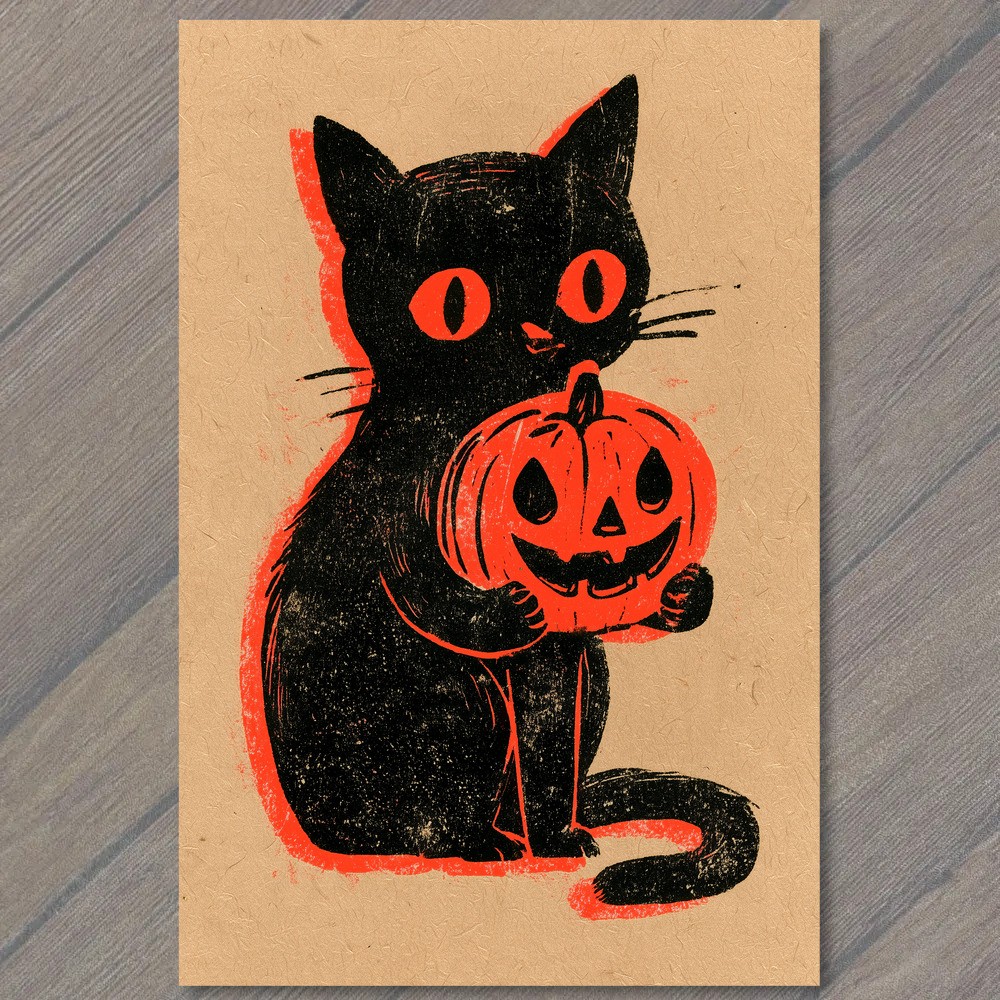POSTCARD Cat Pumpkin Jack O Lantern Halloween Retro Black Orange Graphic