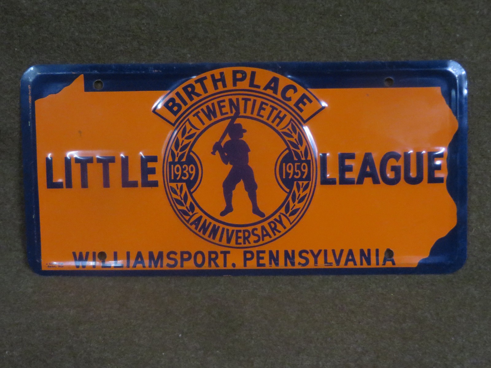 Vintage 20th Annv. 1959 Little League Baseball Williamsport Pa. License Plate