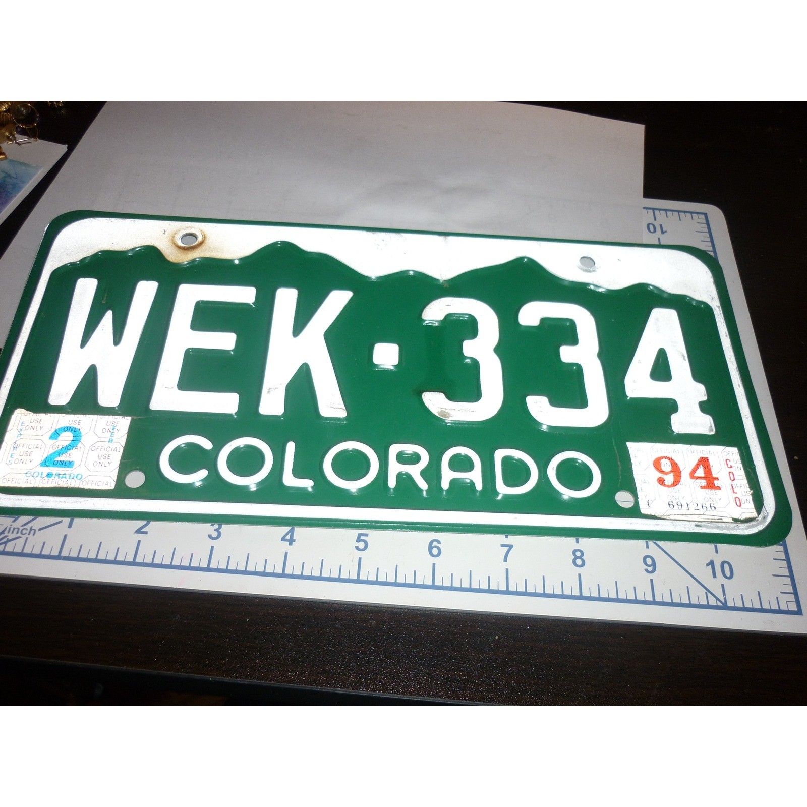 Colorado License Plate WEK 334 Green White 1994