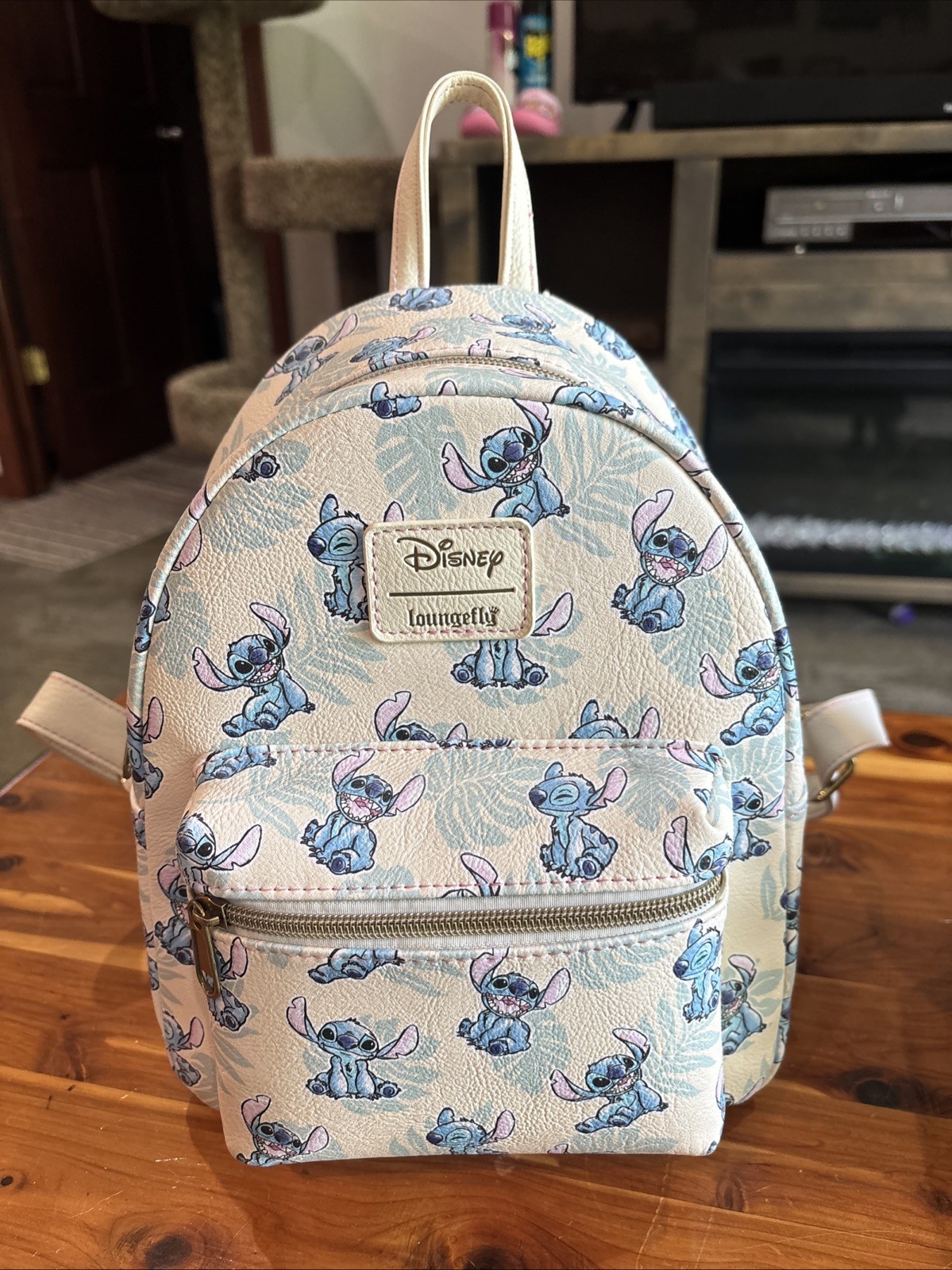 Loungefly Disney Lilo & Stitch Mini Backpack Beige Blue Leaf Pattern - Pristine