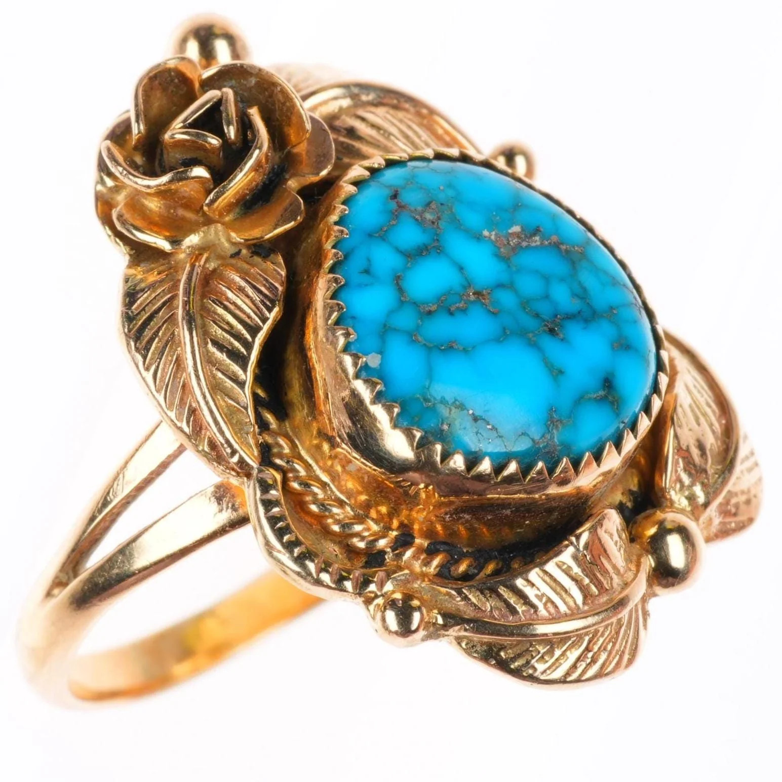 sz7.25 vintage 14k yellow gold high grade spiderweb turquoise Navajo ring