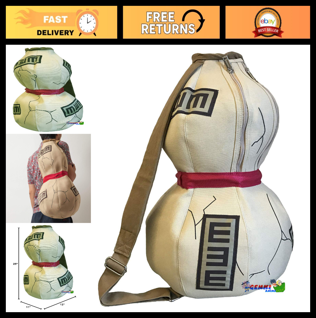 Naruto Gaara Gourd Backpack Bag - Official Licensed Anime School Bag, Durable &