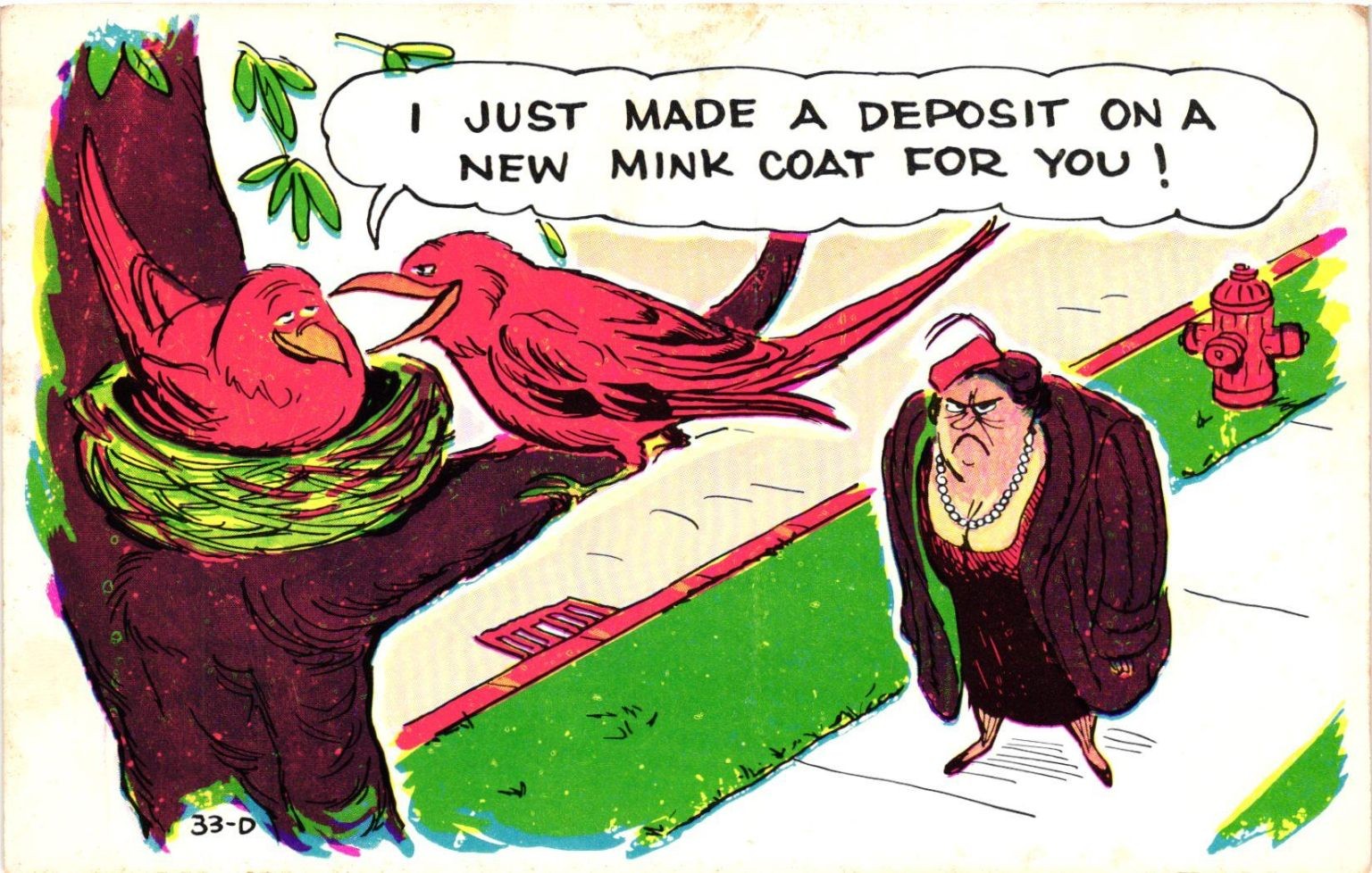 Vintage Laff Gram Comic Postcard Birds Mink Coat Humorous Cartoon Baxtone