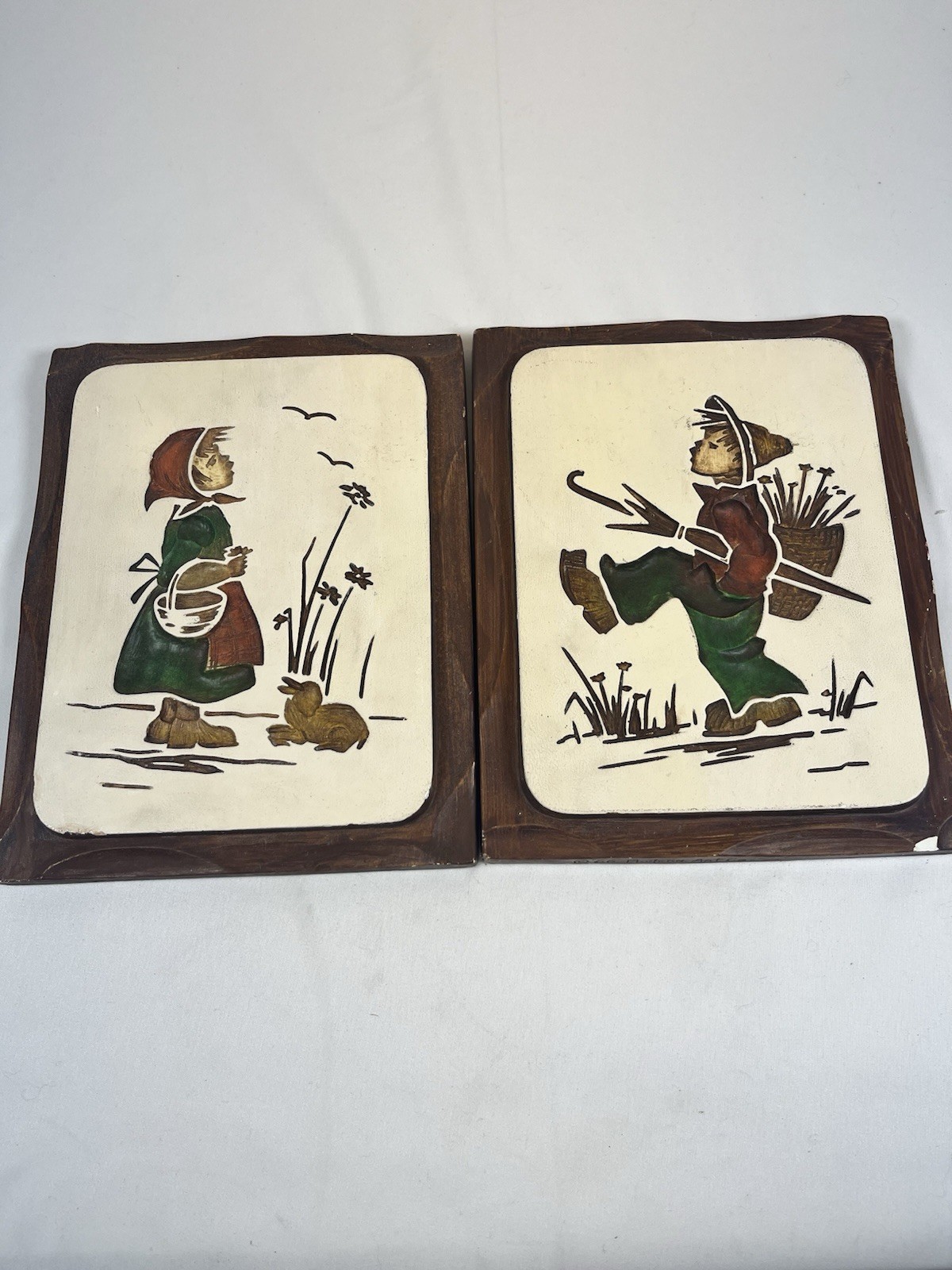 Vintage 1960s Modern Art Co Chalkware Wall Plaques Boy Girl Pair MCM Milwaukee