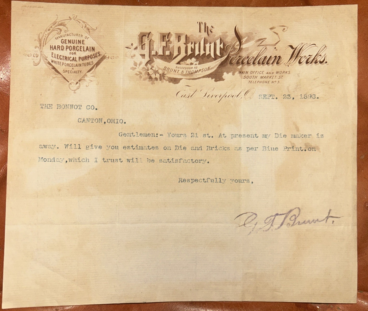 The G. F. Brunt Porcelain Works 1893 Antique Letterhead East Liverpool Ohio 