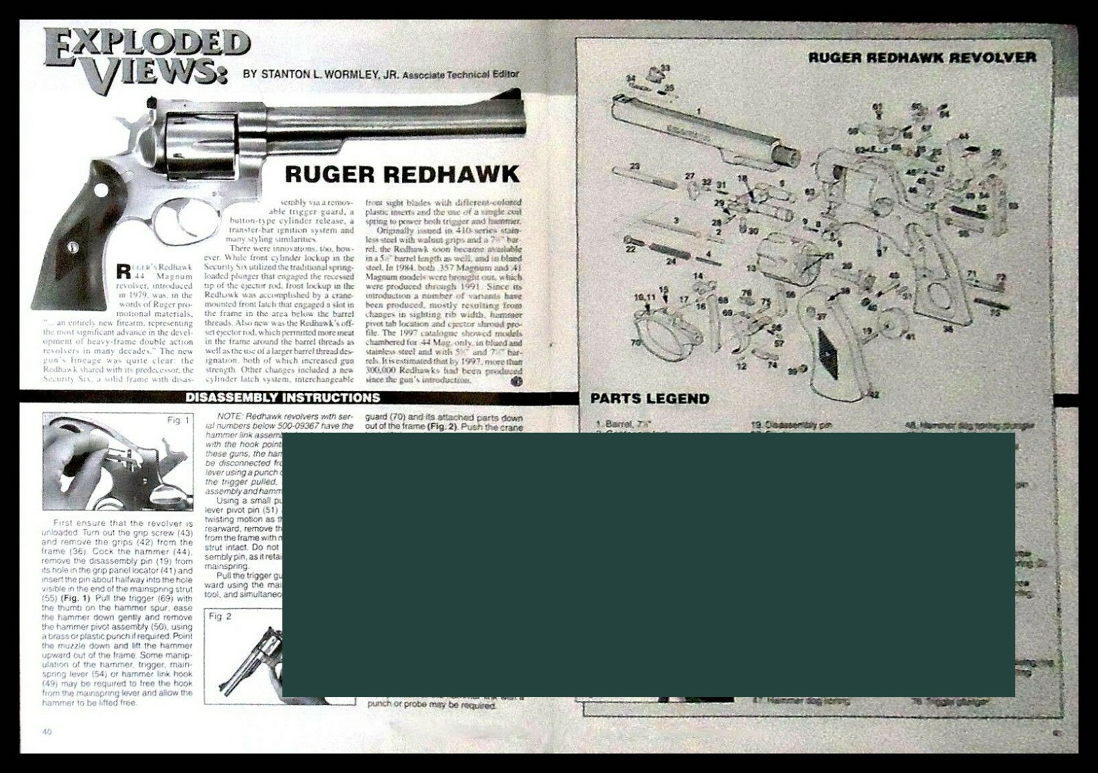 1997 RUGER Redhawk Revolver Exploded View..Parts List 2-page Assembly Article