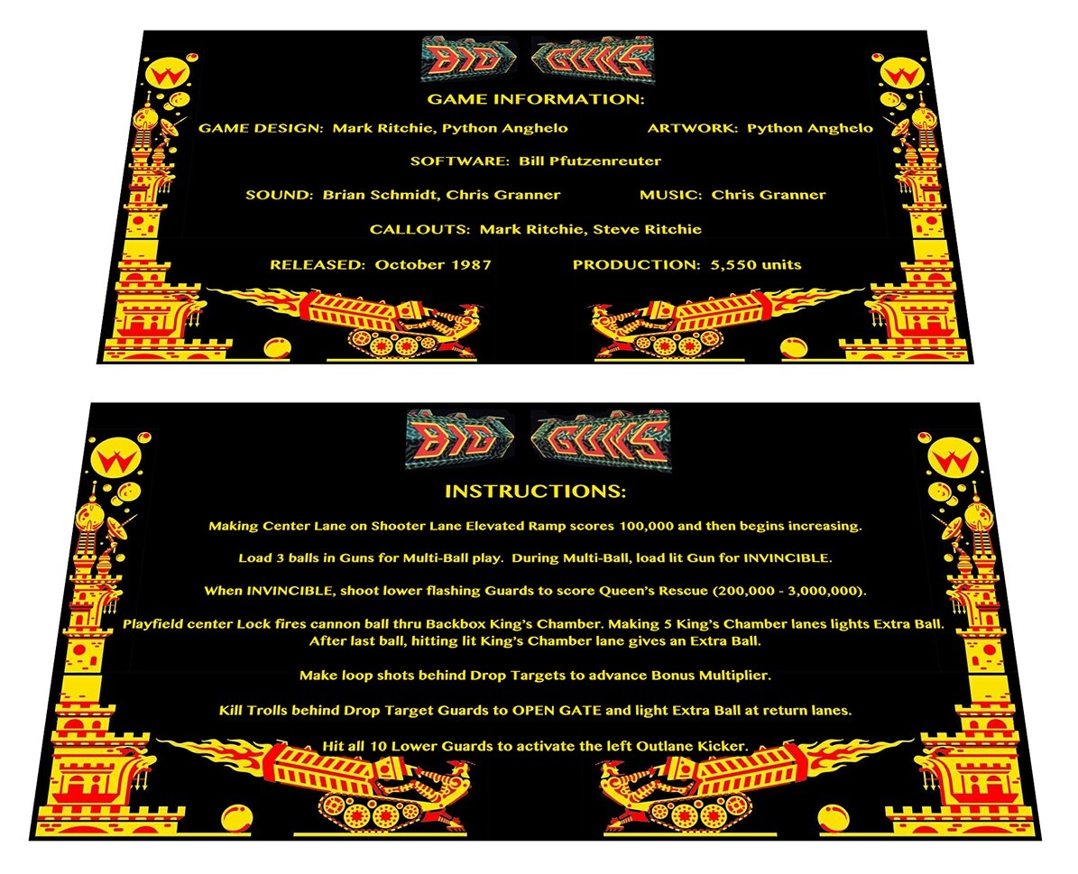 Williams Big Guns Pinball Custom Apron Instruction Cards