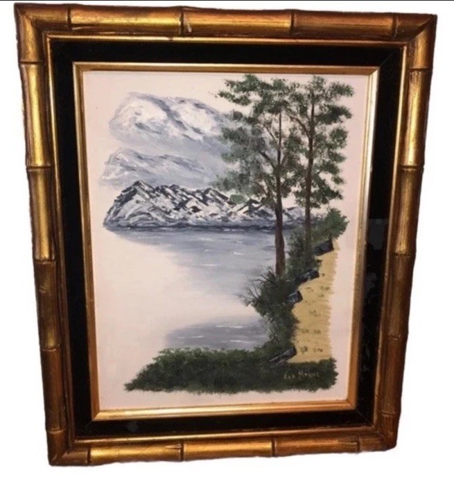 Nice Vintage MCM 18” OIL PAINTING Signed 1960s Bamboo Shaped Frame Eva Meyers