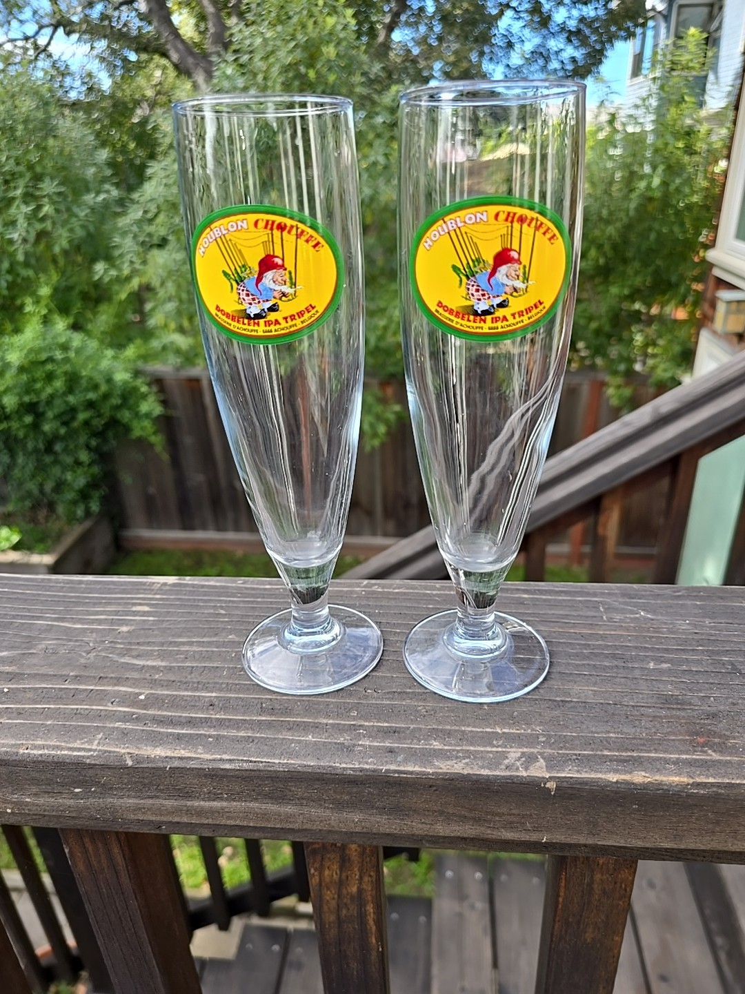 Pair Of Brewery d\'Achouffe HOUBLON CHOUFFE DOBBELEN IPA TRIPEL BEER Two GLASSES