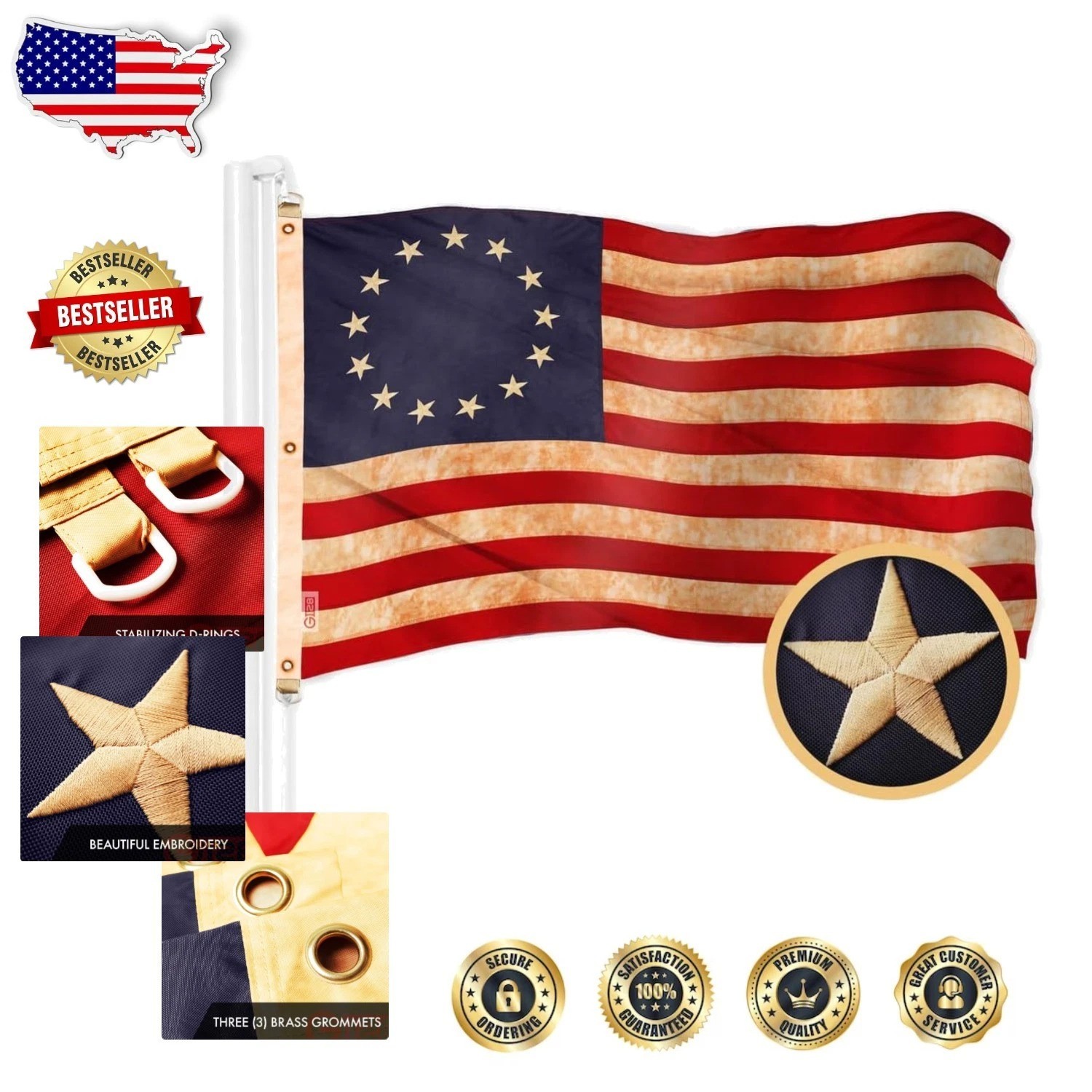 Betsy Ross 6x10 FT Embroidered Polyester Flag - Heavy Duty Brass Grommets