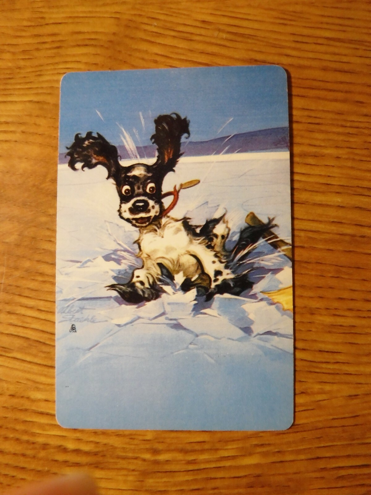 MID 1900\'S VINTAGE PLAYING CARD SWAP COUPON BUTCH DOG FALLING IN ICE ON LAKE
