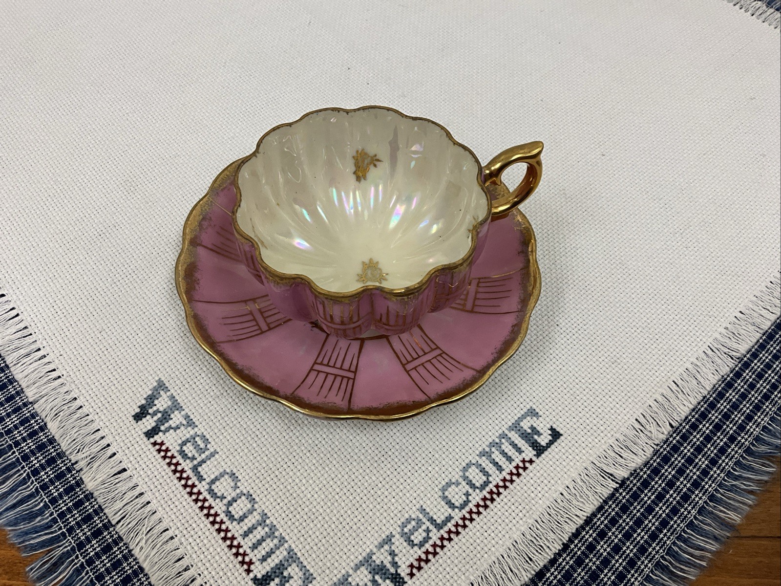 Vtg Royal Sealy China Pink Pearlescent Footed Gold Trim Tea Cup & Saucer Vtg Royal Sealy China Pink Pearlescent Footed Gold Trim Tea Cup & Saucer