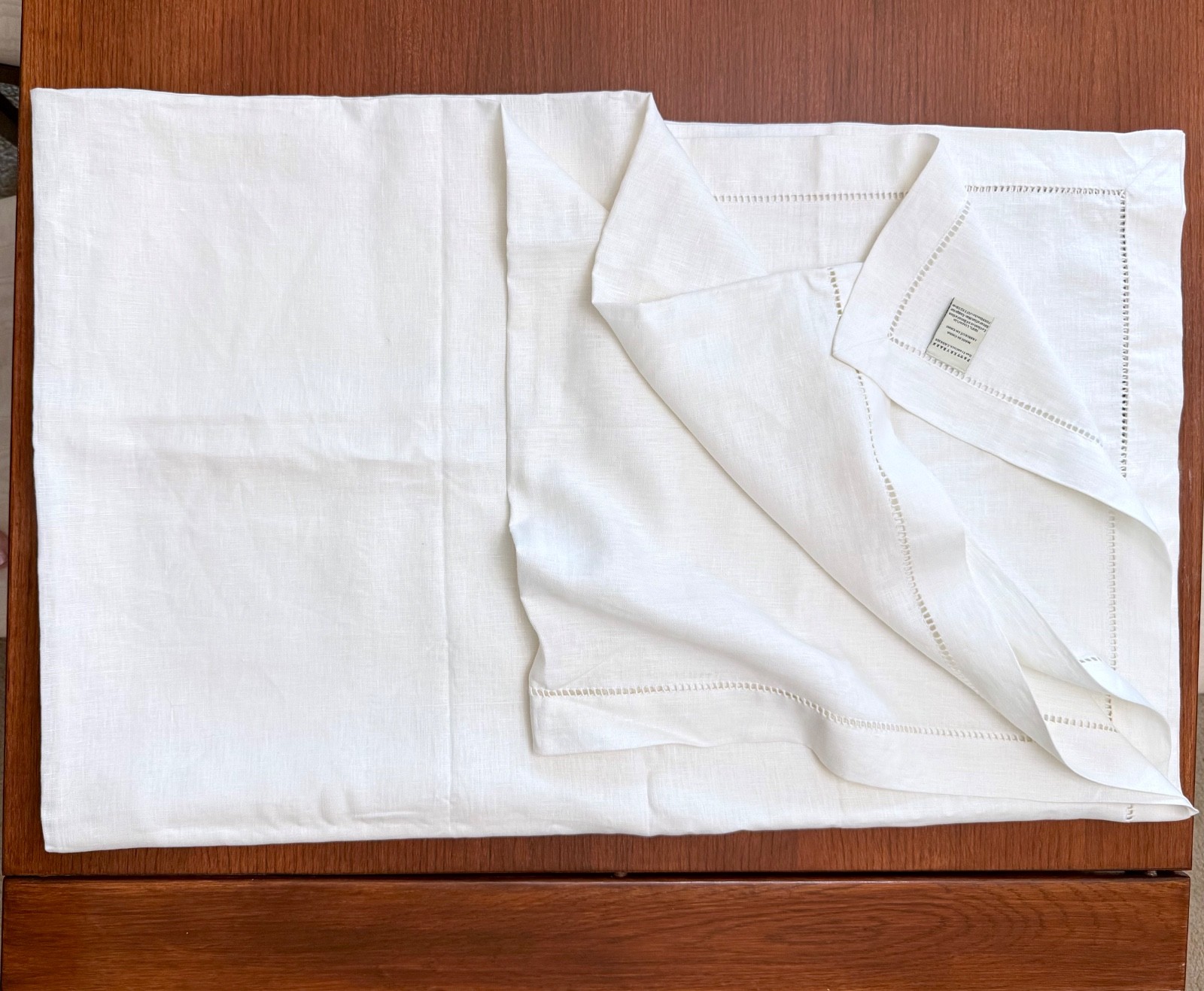 Pottery Barn Linen Tablecloth 70x90 Hemstitched Soft White Open Work Border EUC