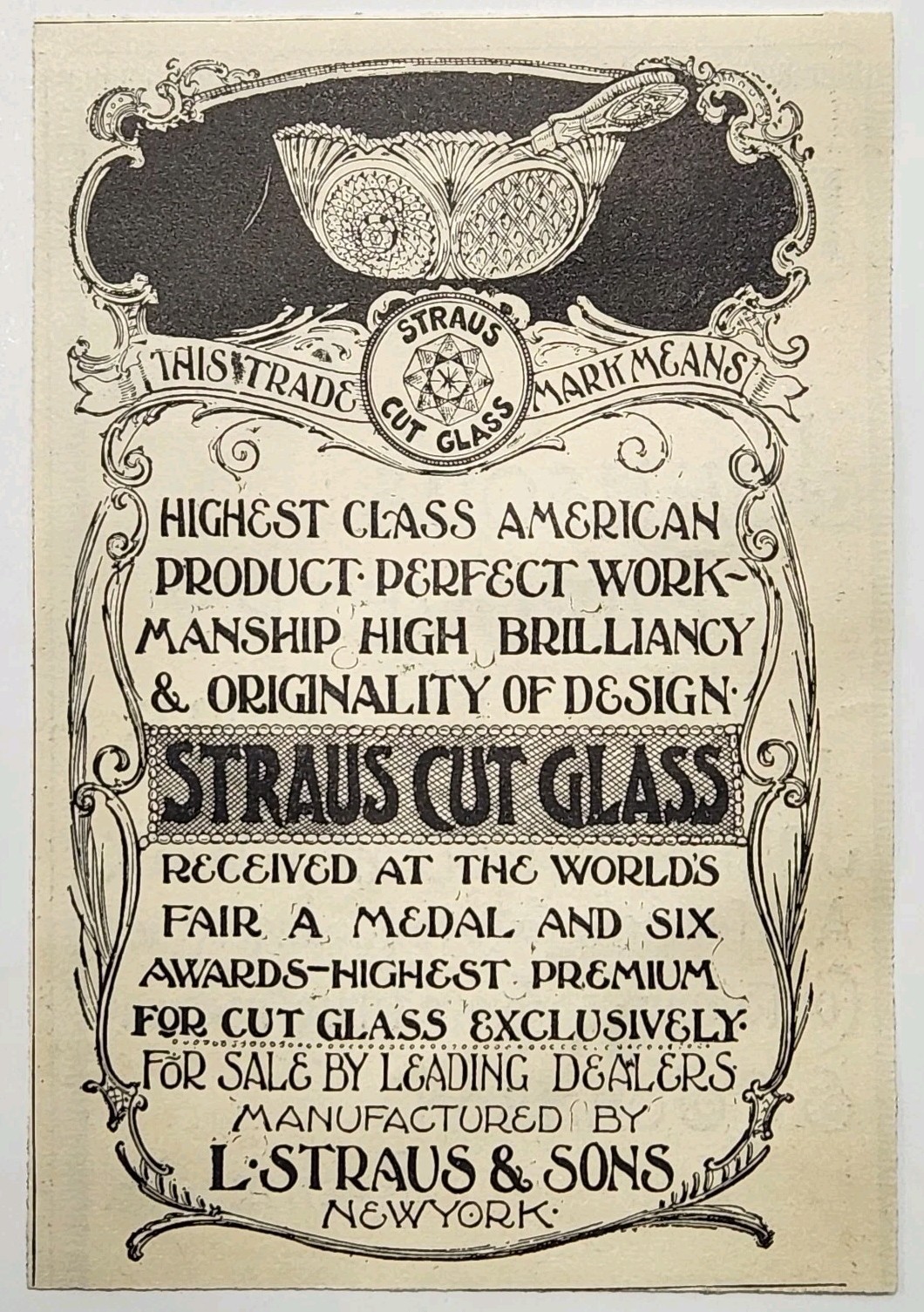 1894 L Straus & Sons Cut Glass Victorian Vintage Original Print Ad NY 1890\'s
