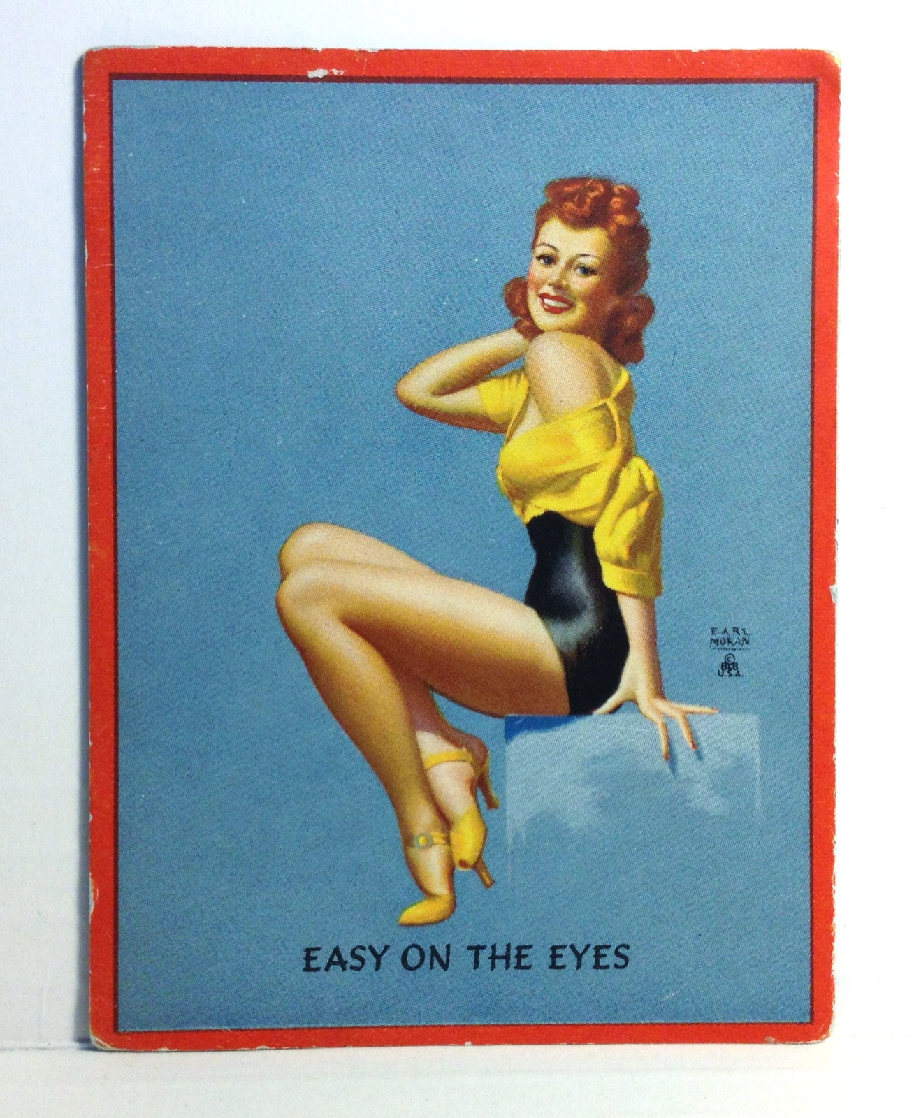 1940s Pinup Girl Ink Blotter Art EARL MORAN Easy On The Eyes Red Hair Sexy WWII