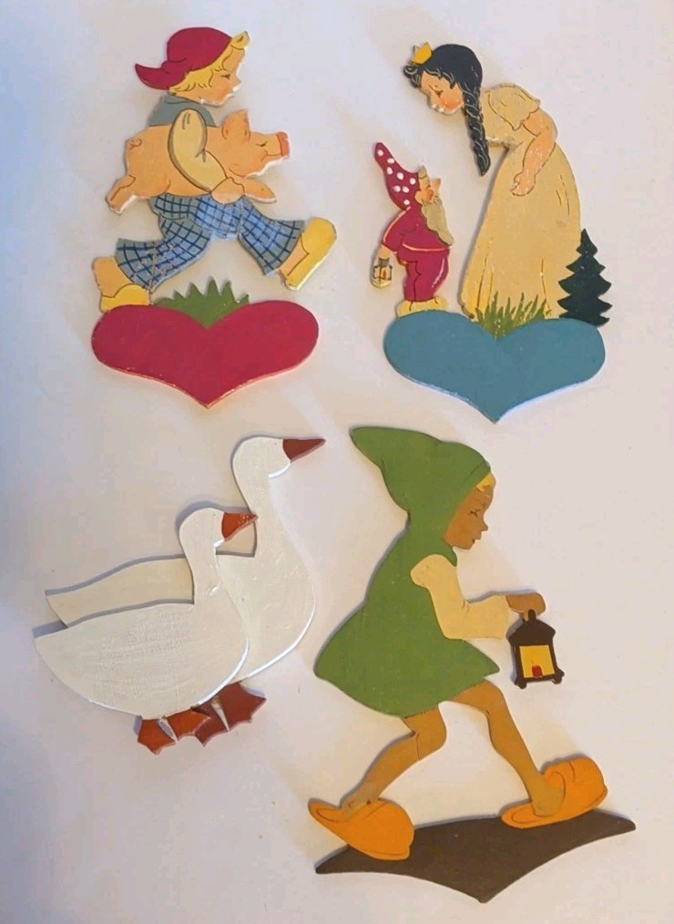 Vintage/Antique Folk Art Wooden Hand Painted Cut Out Boy & Girl Fairytale Lot 