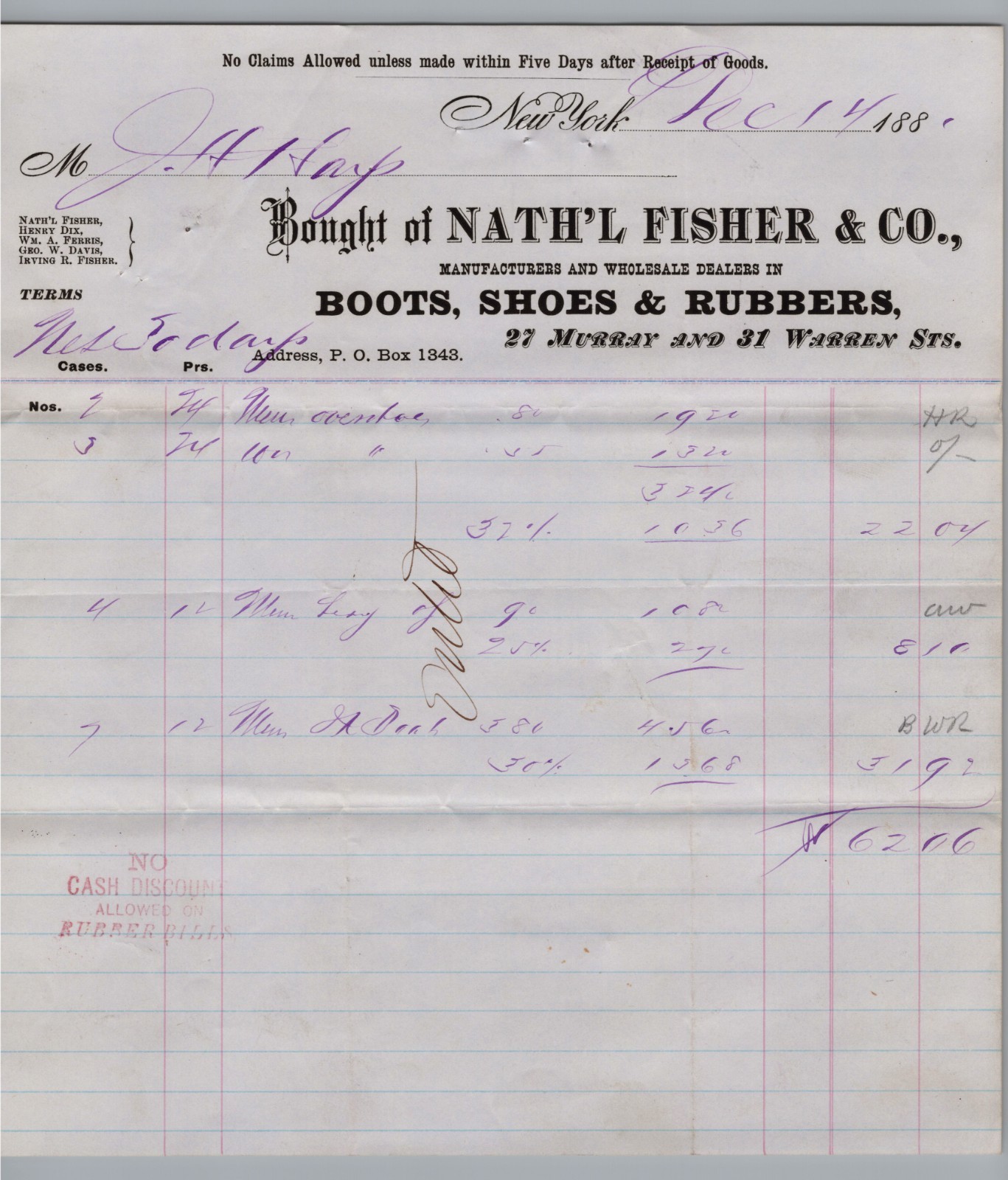 1881 Vintage Billhead Nath'l Fisher & Co New York City Boots Shoes Rubbers