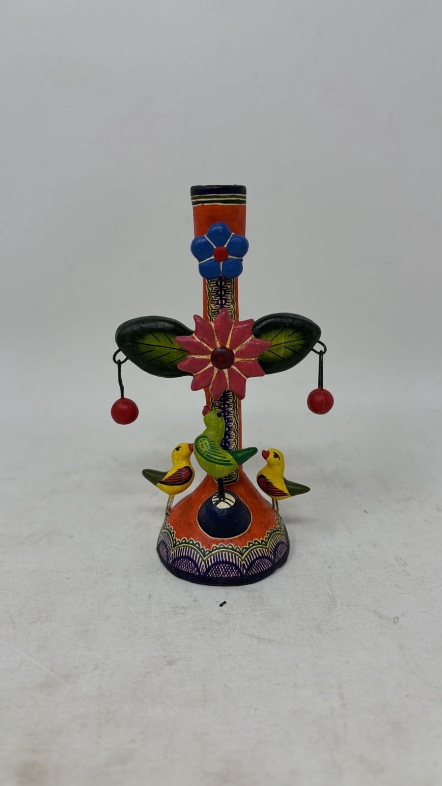 Vintage Mexican Folk Art Tree Of Life Candle Holder Pottery Ceramics Collectible