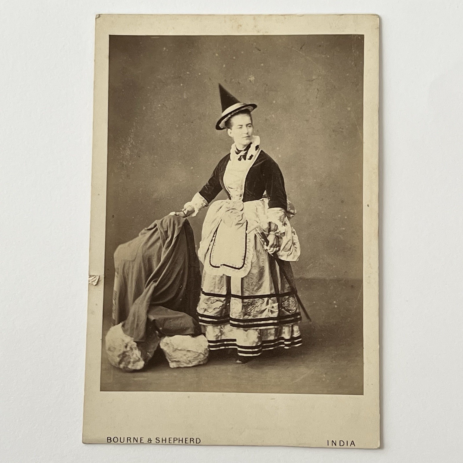 Antique Cabinet Card Photograph Woman Witch Pointed Hat Costume India Odd