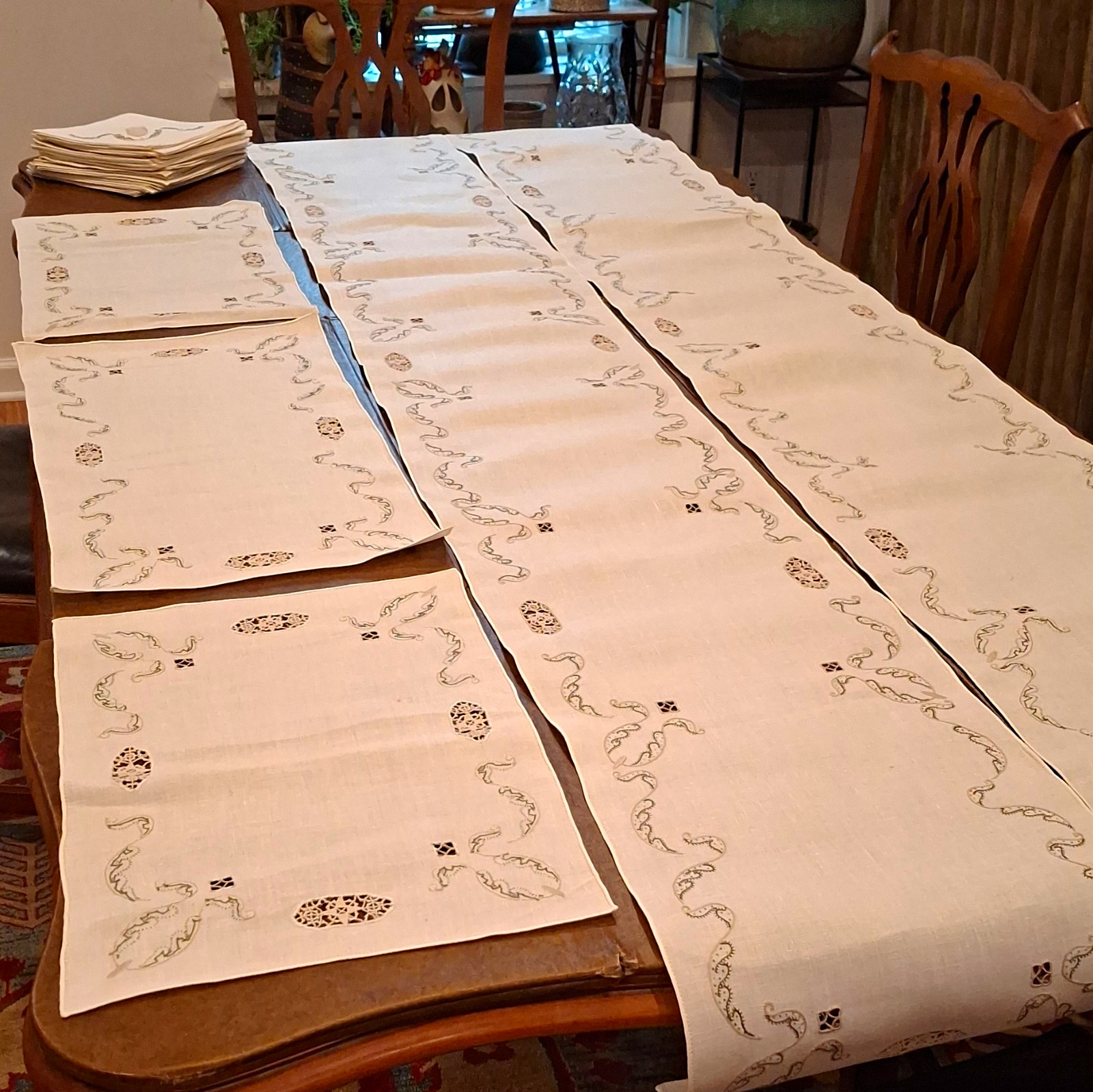 Antique, Embroidered (3) Placemat, (2) Runner, (26) Napkin Set. Extraordinary Antique, Embroidered (3) Placemat, (2) Runner, (26) Napkin Set. Extraordinary