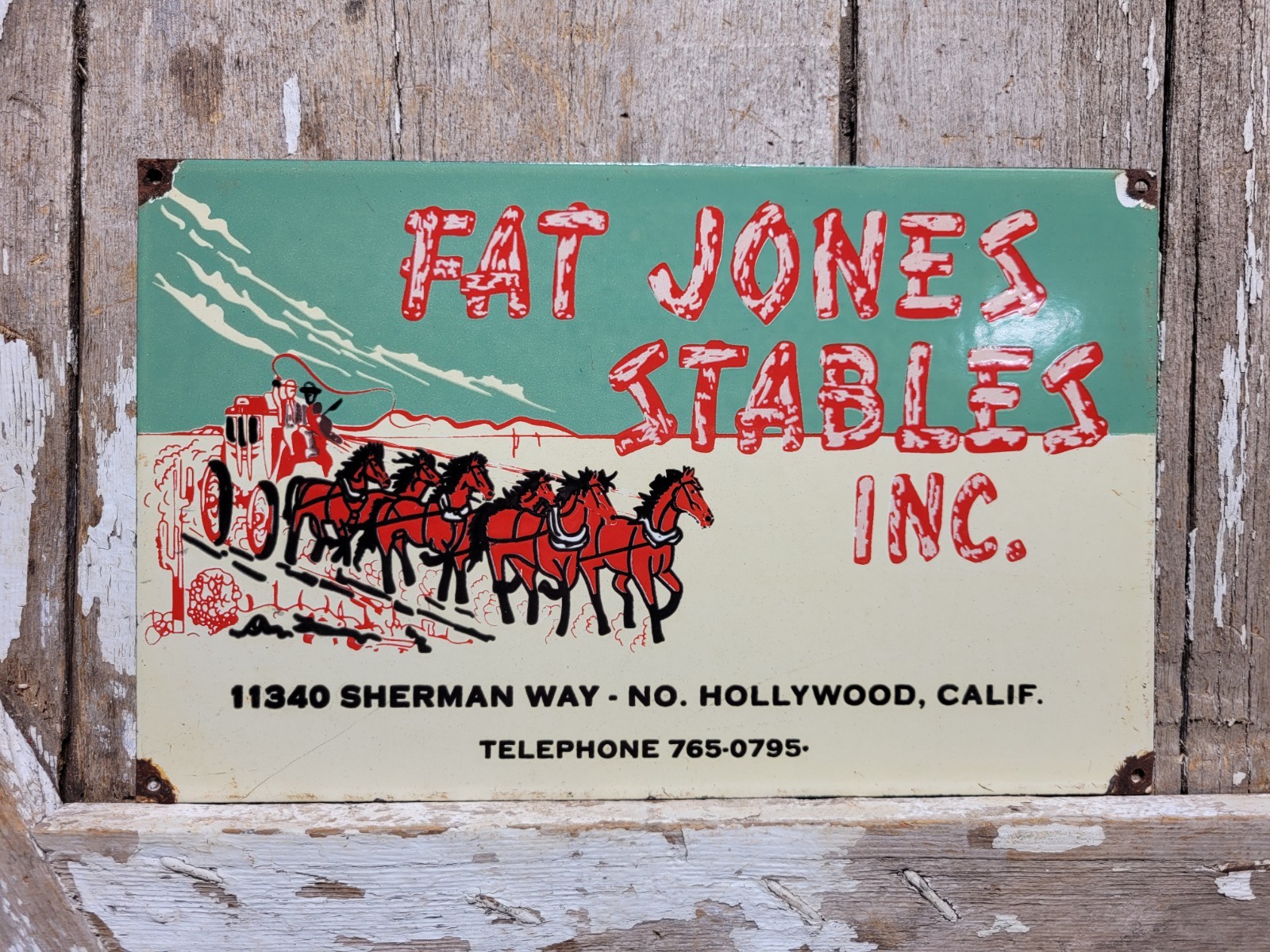 VINTAGE FAT JONES STABLES PORCELAIN SIGN OLD HOLLYWOOD CALIFORNIA HORSE COACH