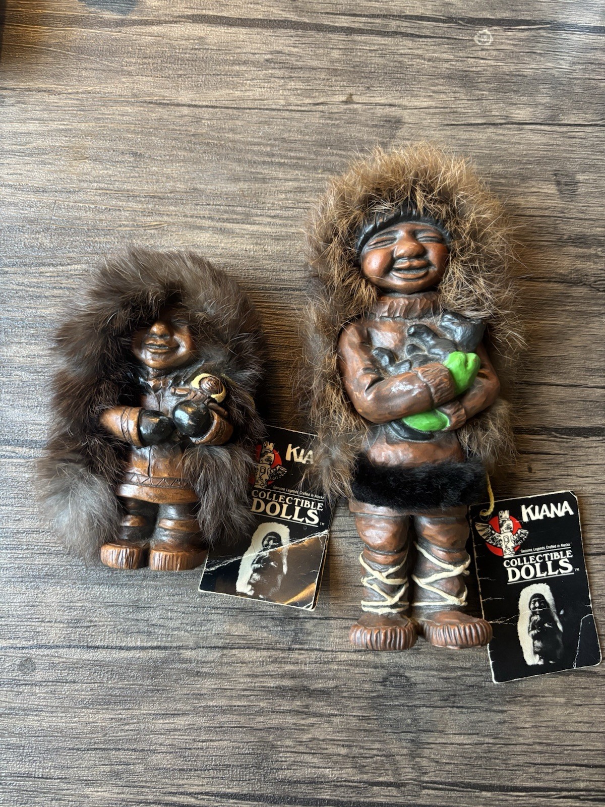 Kiana of Alaska Vintage Wood Carved Real Fur Collectible Dolls Lot Of 2