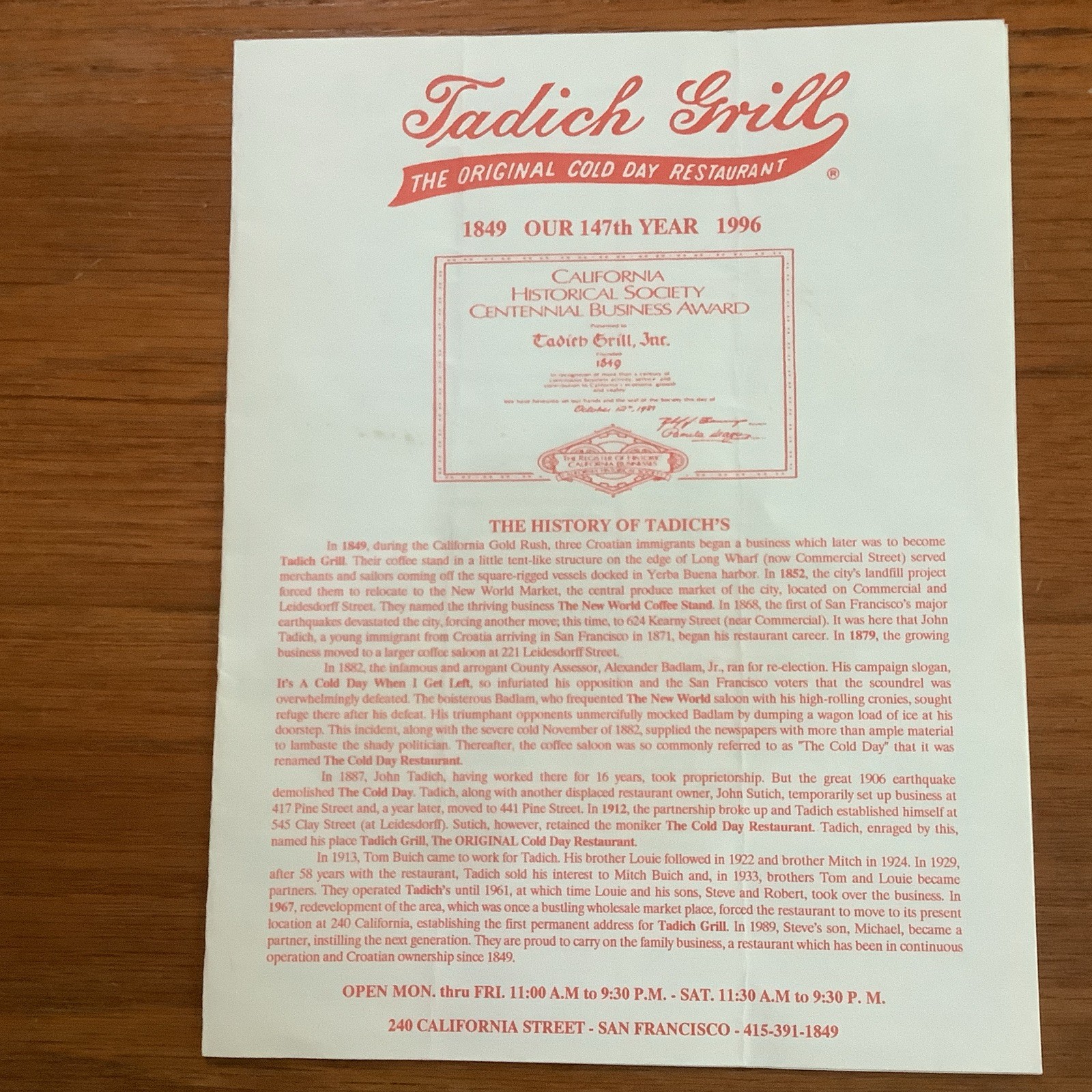 Vtg 1996 Tadich Grill Restaurant Dinner Drinks Menu San Francisco California