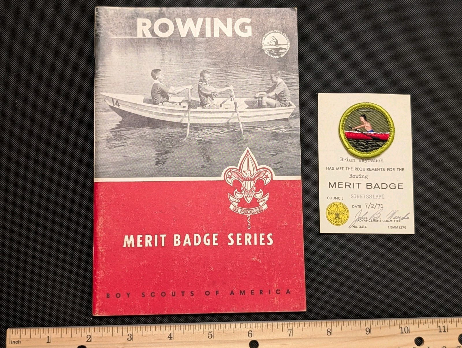 Vintage 1971 BSA Rowing Merit Badge - Booklet, Patch & Signed Card Set Boy Scout