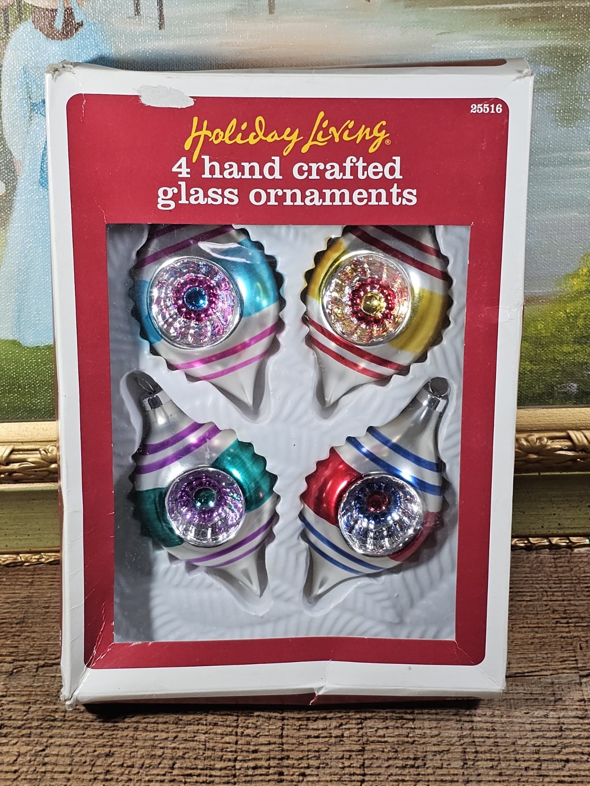 VTG Bradford Novelty Co Handcrafted Glass Ornament Set Of 4 In Box