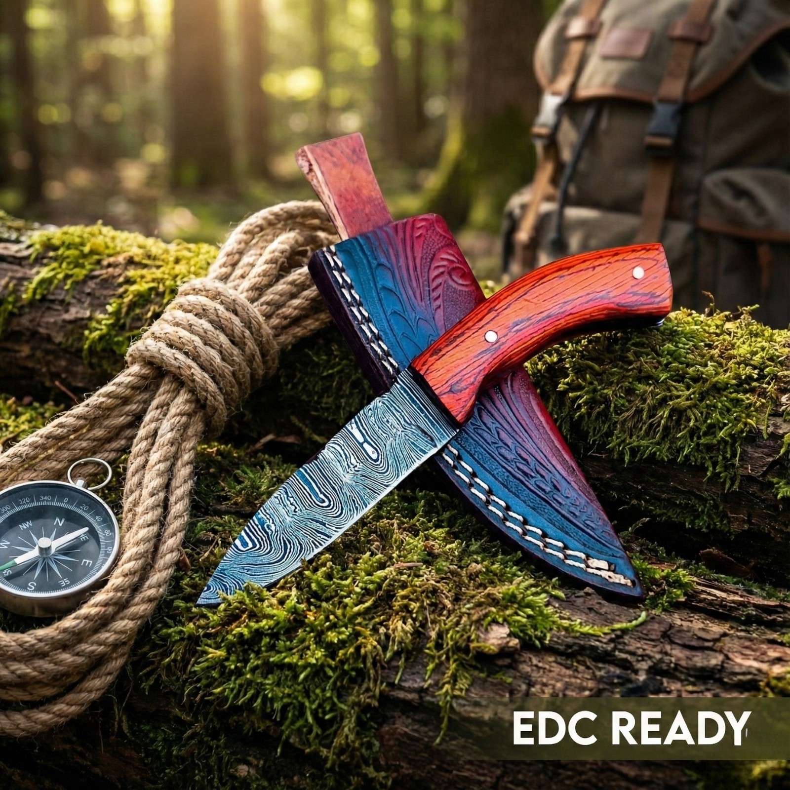 Custom Damascus Steel Mini Knife Fixed Blade EDC Skinner Red Wood Handle+ Sheath