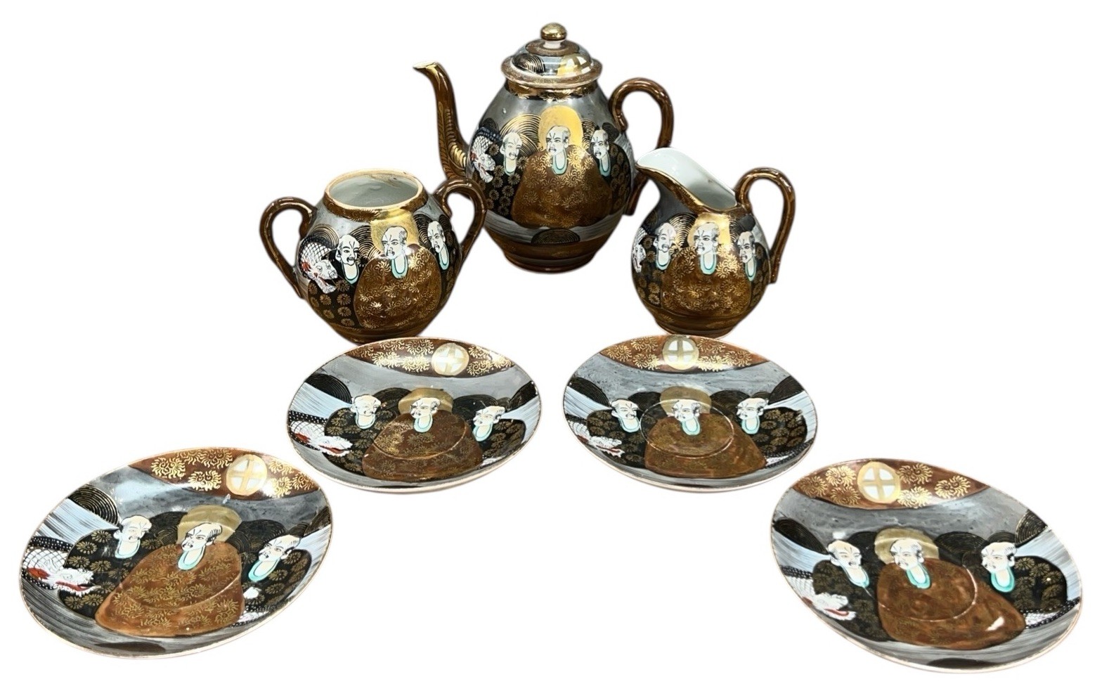 Rare find 7 pc. Eggshell Porcelain Moriage style Satsuma Amaterasu Japan tea set