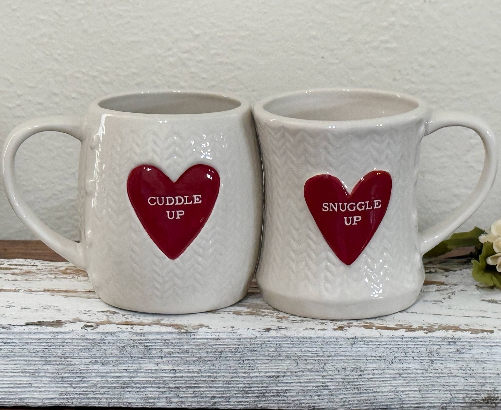 Demdaco Sweater Mug Set, Cuddle Up Snuggle Up Knitted Textured Heart Coffee Cups Demdaco Sweater Mug Set, Cuddle Up Snuggle Up Knitted Textured Heart Coffee Cups