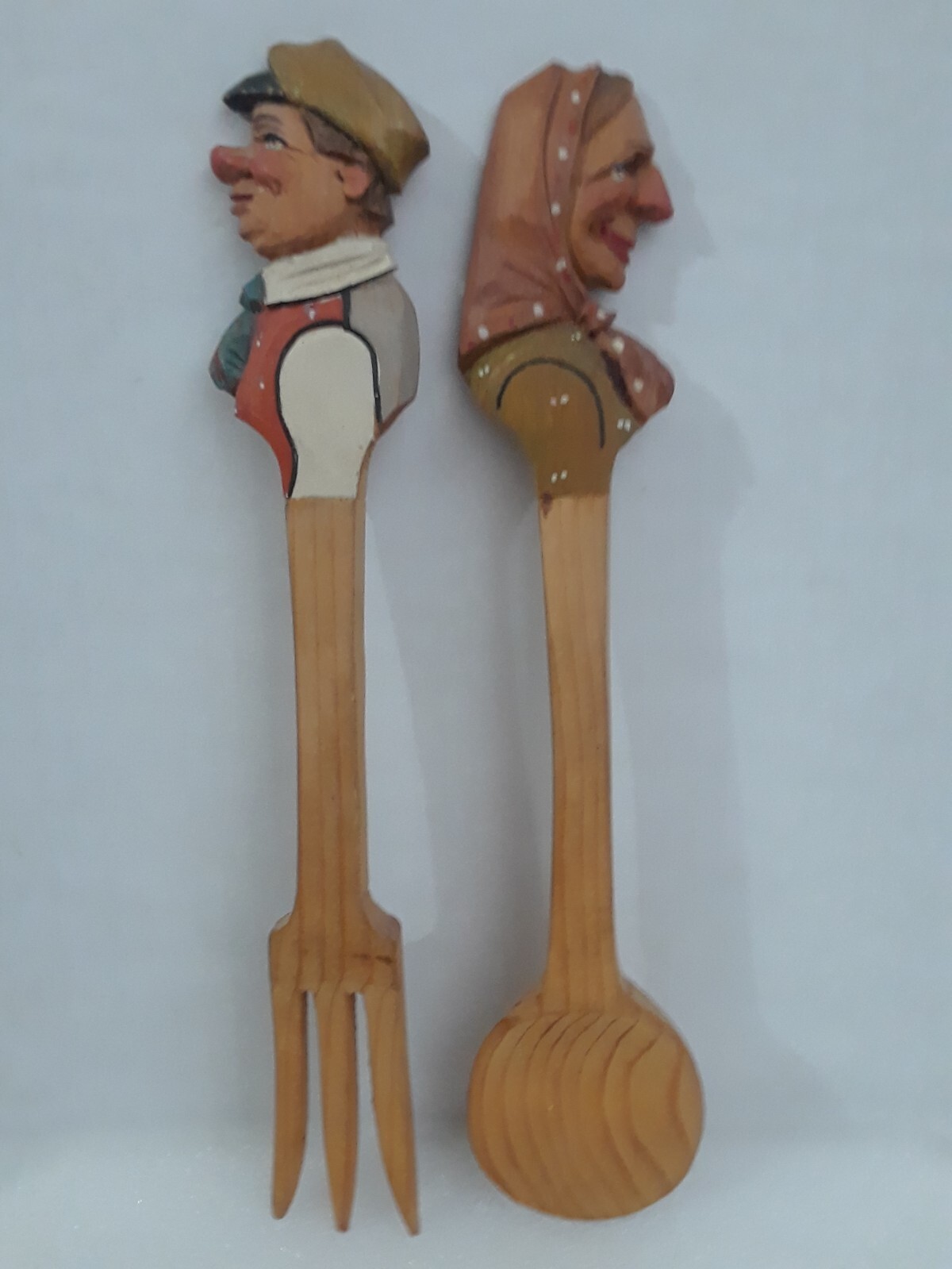 Vintage Folk Art Hand Carved Painted Man & Woman Spoons 9.5 - 9.75 in Long Italy